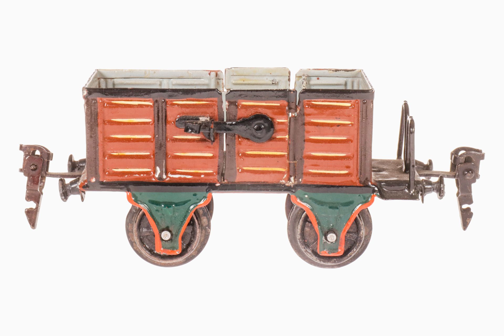 Märklin offener Güterwagen 1889, S 0, uralt, handlackiert, 2 LT mit Hakenverschluss, L 12,5, Z 1