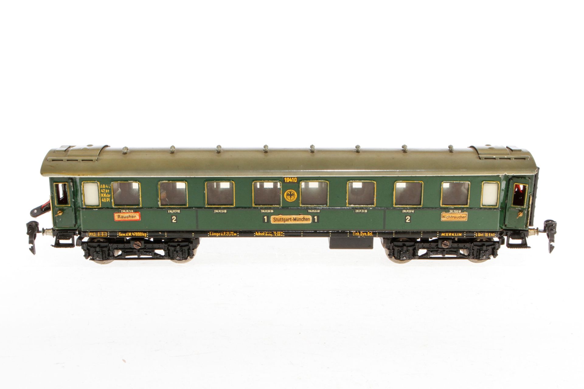 Märklin Personenwagen 1941 G, S 0, grün, mit Inneneinrichtung, 4 AT, Schildern und Gussrädern,