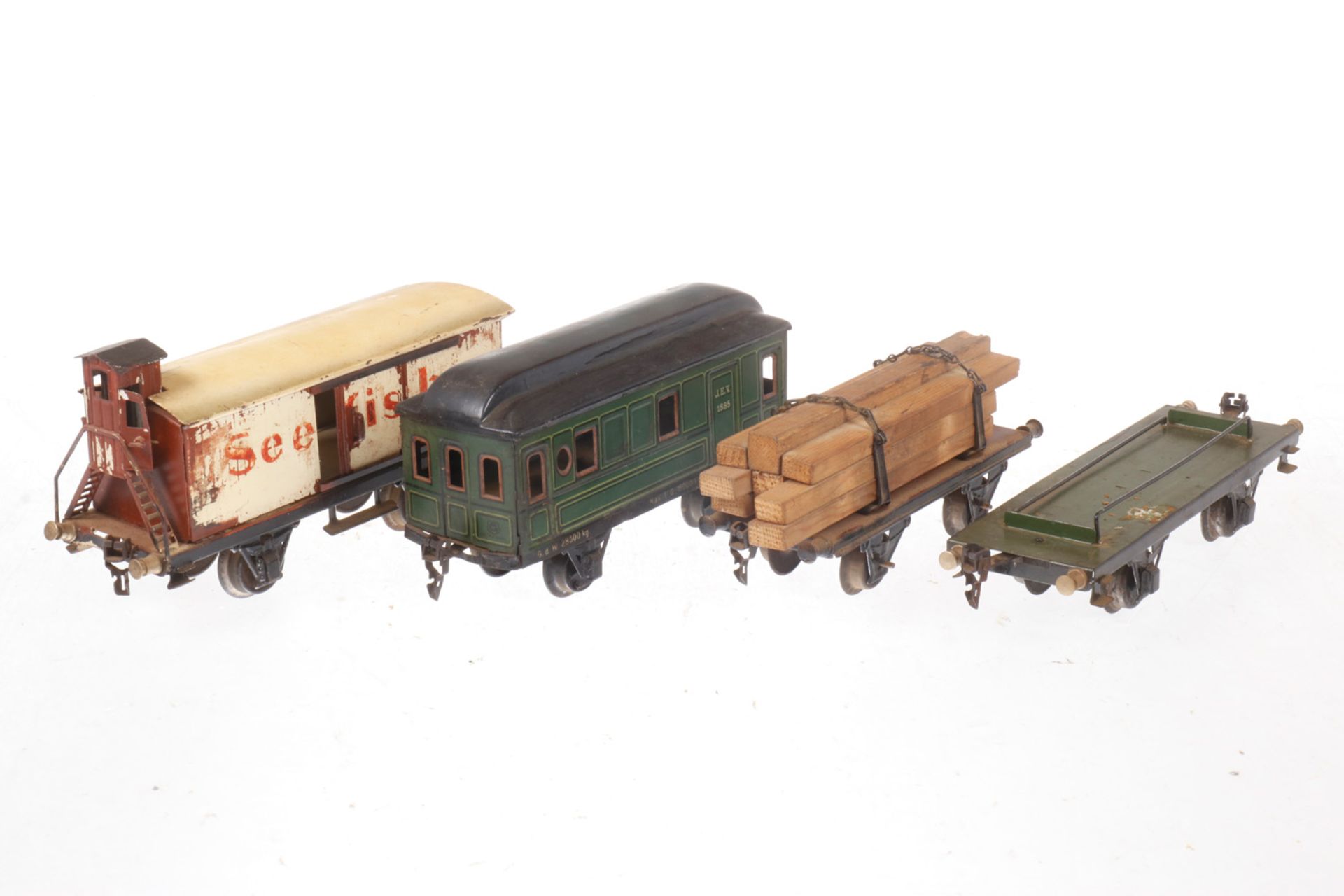 Konv. Märklin Holzwagen und Personenwagen 1885, S 1, Alterungsspuren, L 20, dazu Märklin