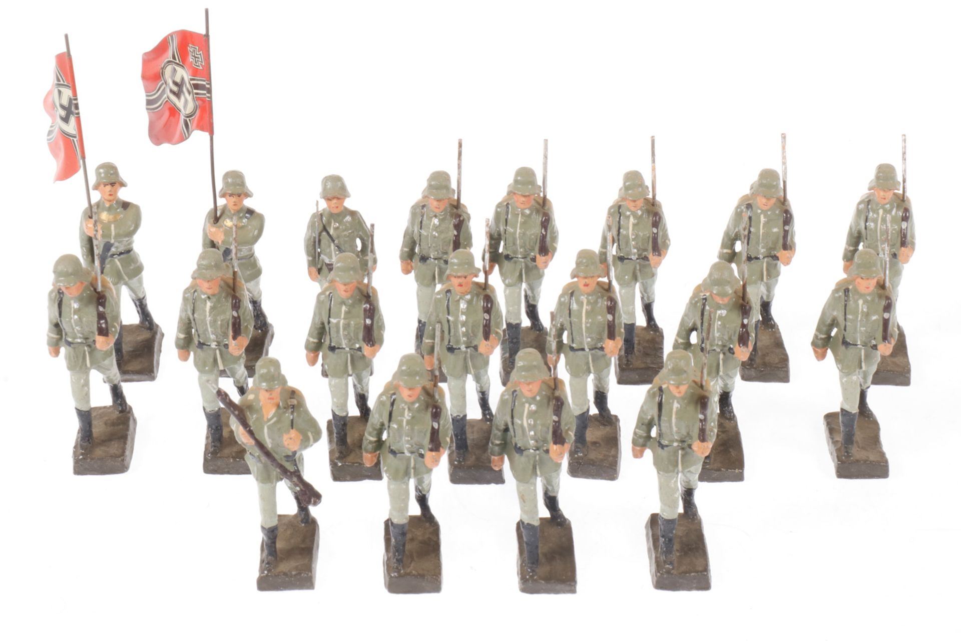 Konv. mit 19 Schucco Soldaten, Masse, HL, mit 2 Blechfahnen, Z 2-3