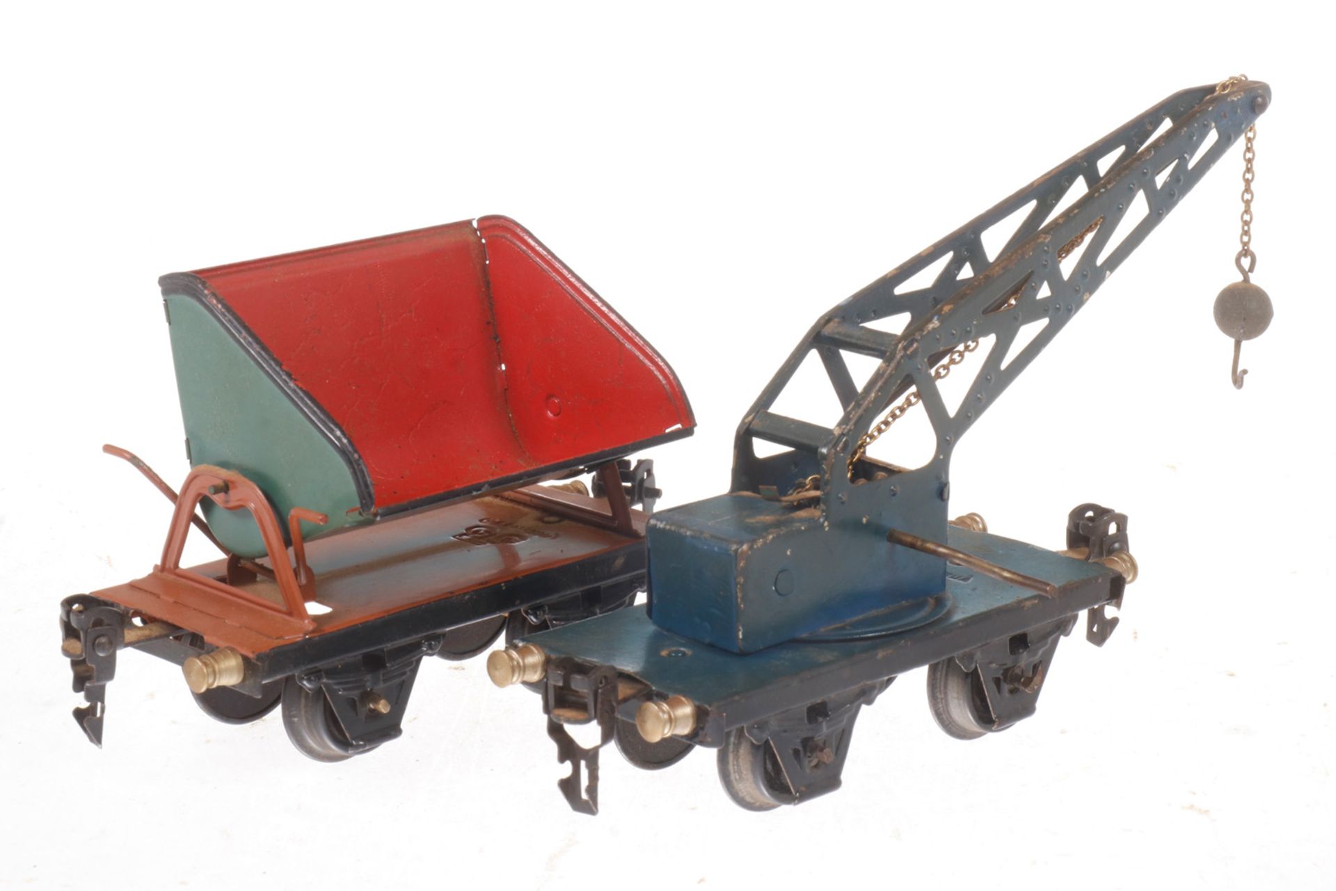 Märklin Kranwagen und Kipplore, S 0, gealterter Lack und tw nachlackiert, L 13, Z 3