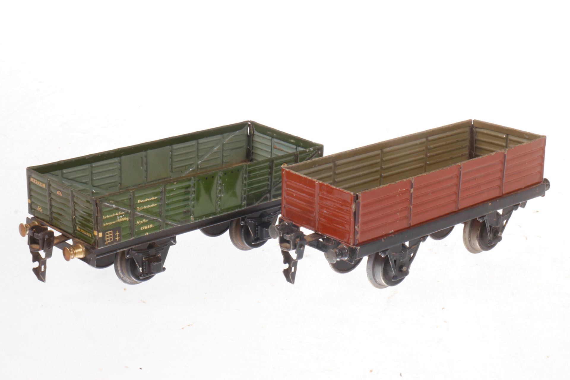 2 Märklin offene Güterwagen, S 0, leichte Alterungs- und Gebrauchsspuren, L 16,5, sonst Z 2