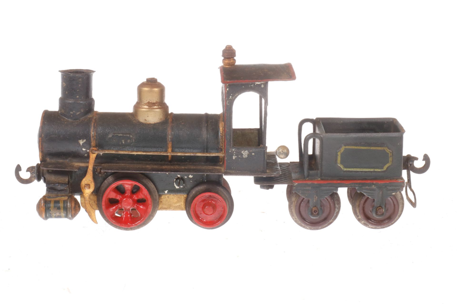 Märklin 1-A Dampflok, uralt, HL, dazu 2A-Tender, S 0, Uhrwerk mit Bremse intakt, gealterter Lack,