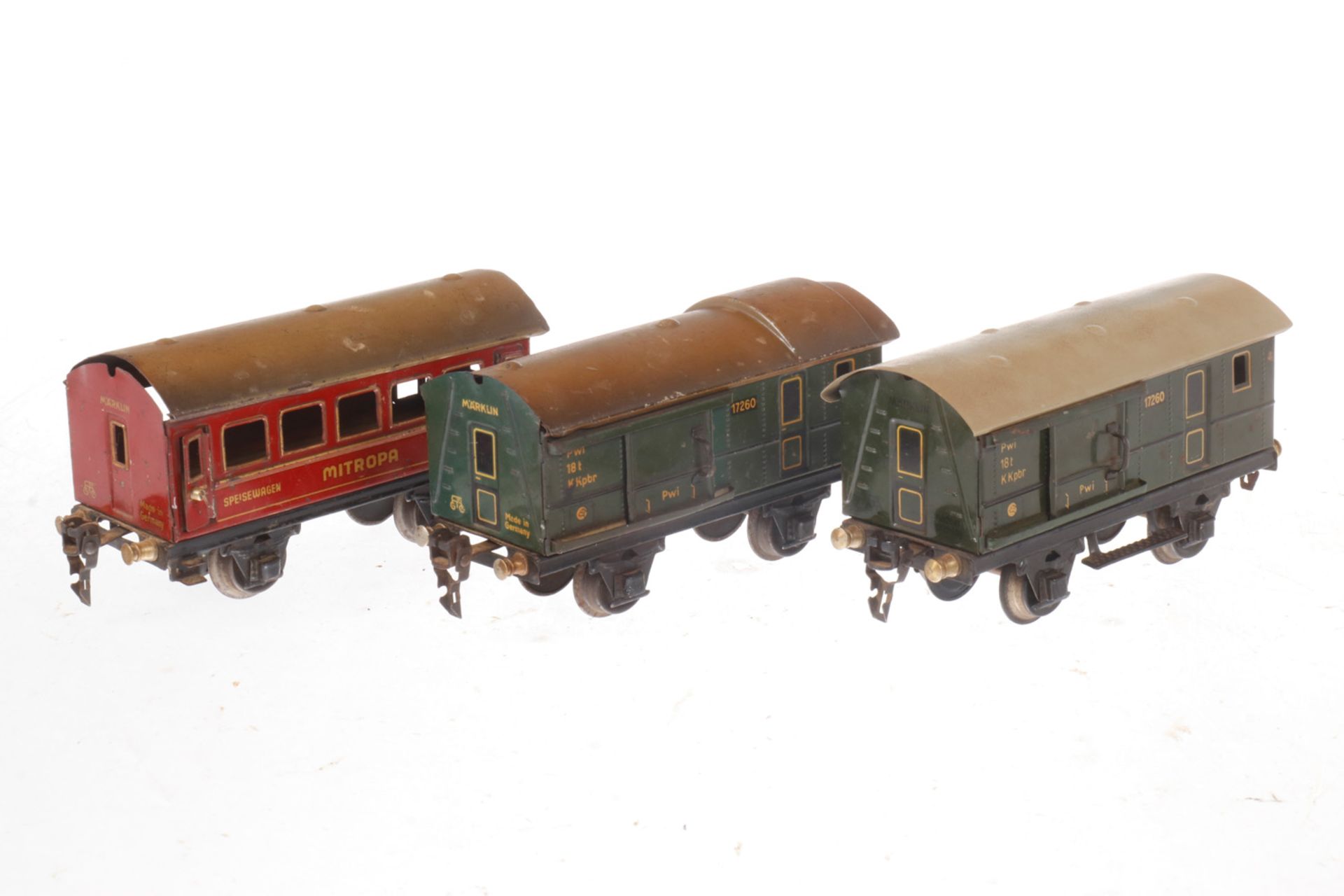 2 Märklin Gepäckwagen 1726 und Mitropa Speisewagen, S 0, Alterungsspuren, tw LS/RS, 1 Dach ersetzt,