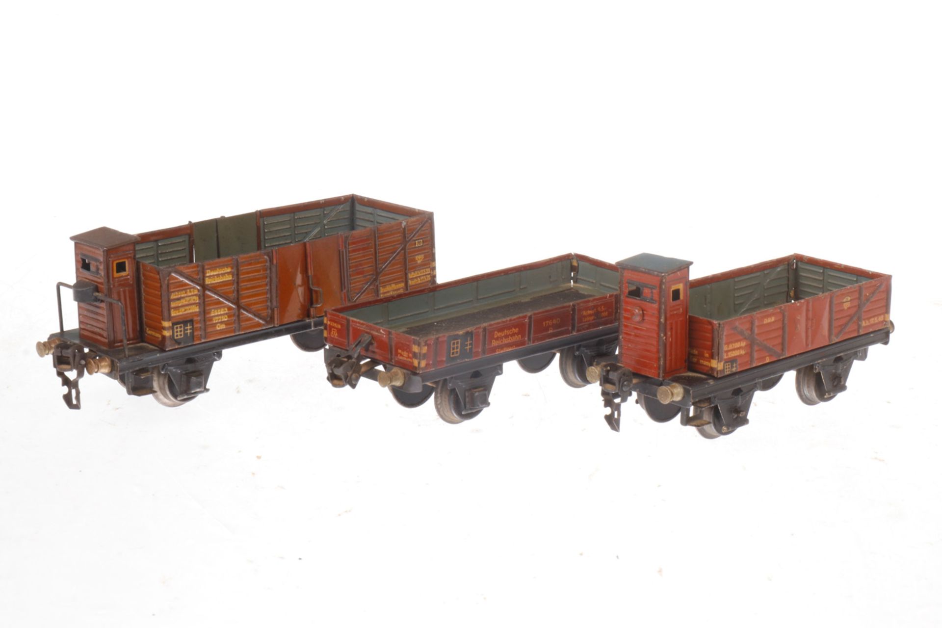 3 Märklin Güterwagen, S 0, Alterungs- und Gebrauchsspuren, tw gealterter Lack, L 14,5, 16,5 und 18,