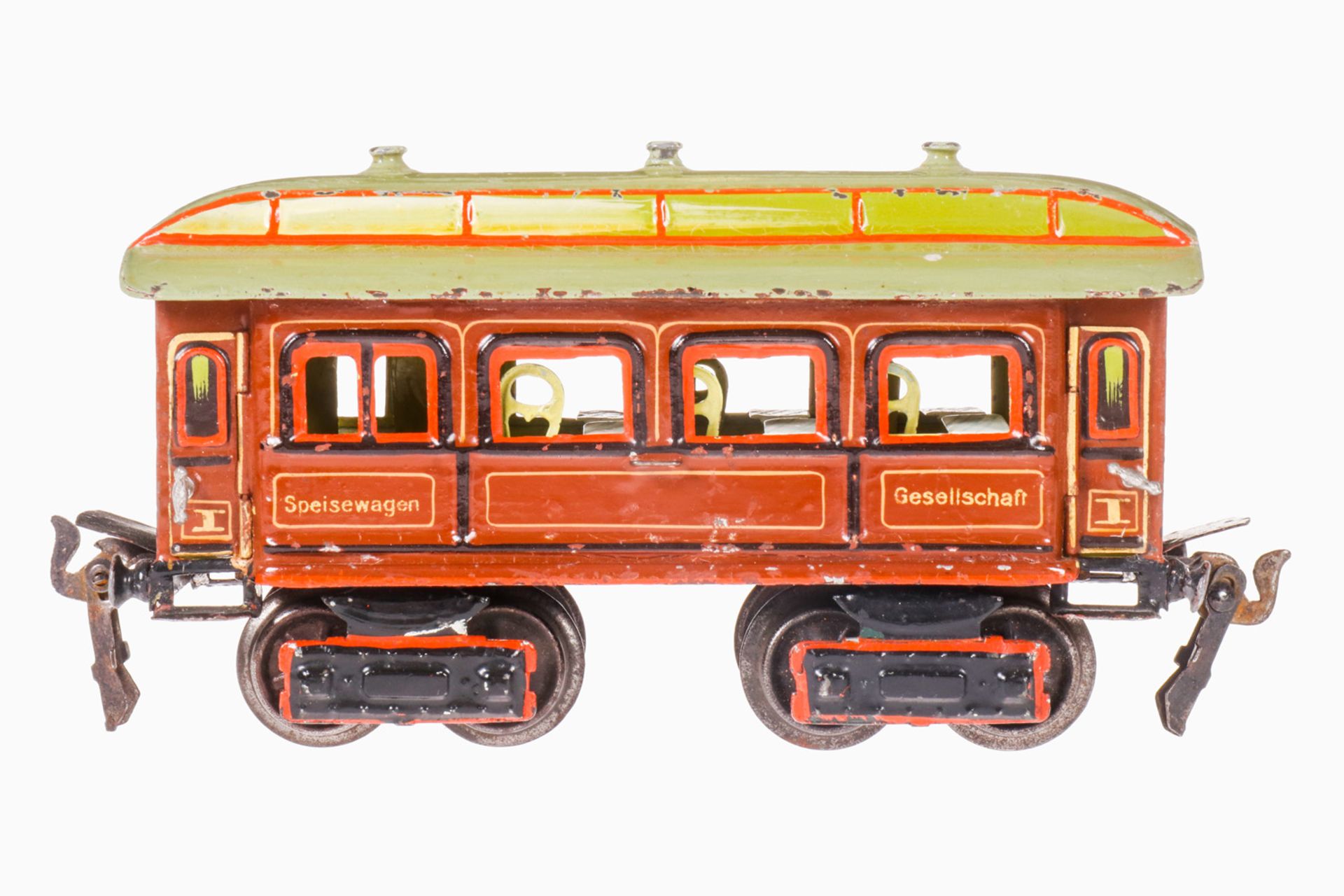 Märklin Speisewagen 1842, S 0, uralt, braun handlackiert, Inneneinrichtung, 4 AT, 4A,