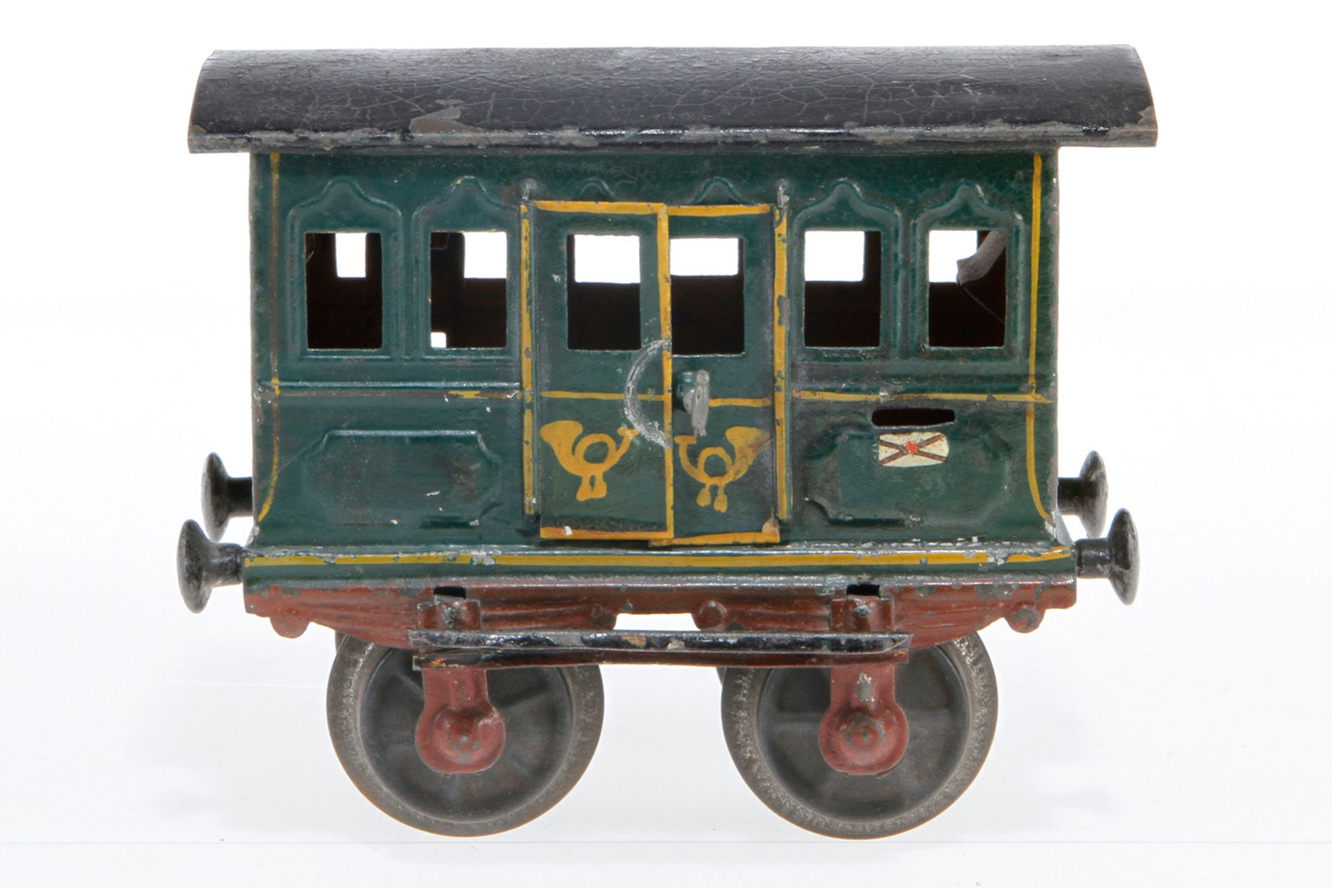 Märklin Postwagen, S 1, uralt, HL, mit Inneneinrichtung und 2 DT, Kupplungen fehlen, L 12,5, Z 4