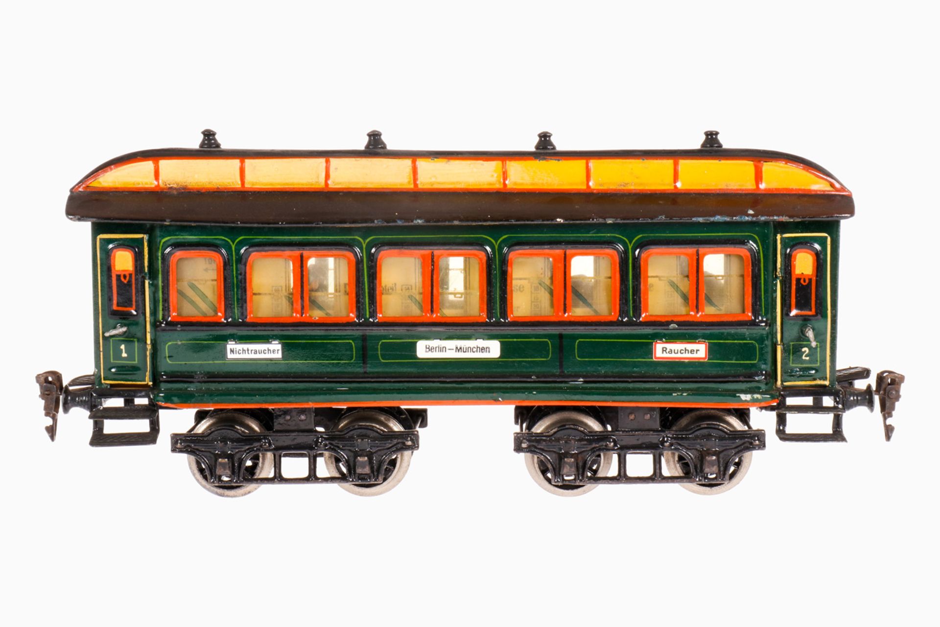 Märklin Personenwagen 1841, S 1, uralt, grün, handlackiert, 4 AT, 4A Gussräder, mit