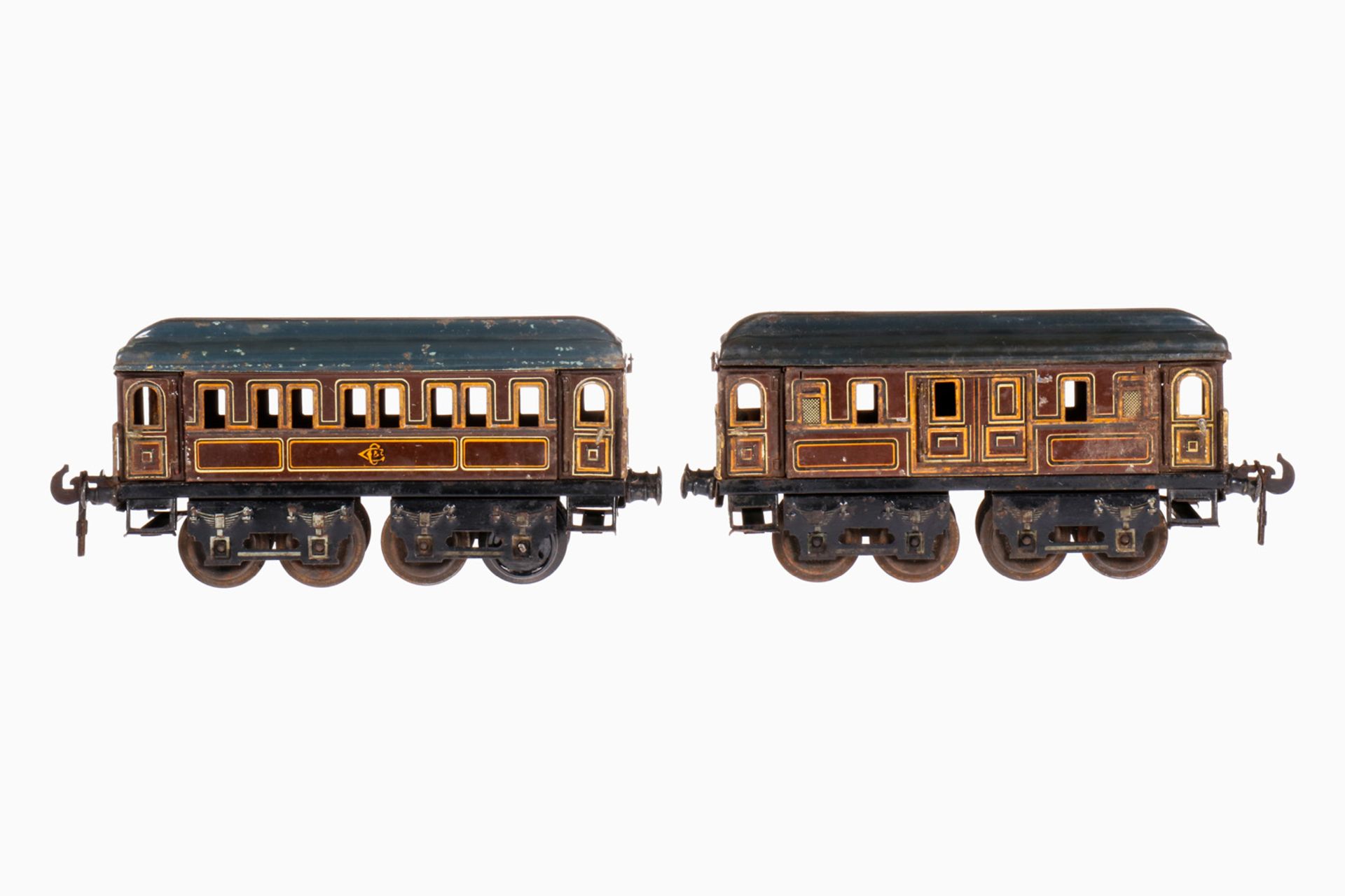 2 Carette Wagen, S 1, uralt, CL, 1 Personenwagen, 4 AT, 4A, mit Inneneinrichtung, 1 Kupplung def., 1