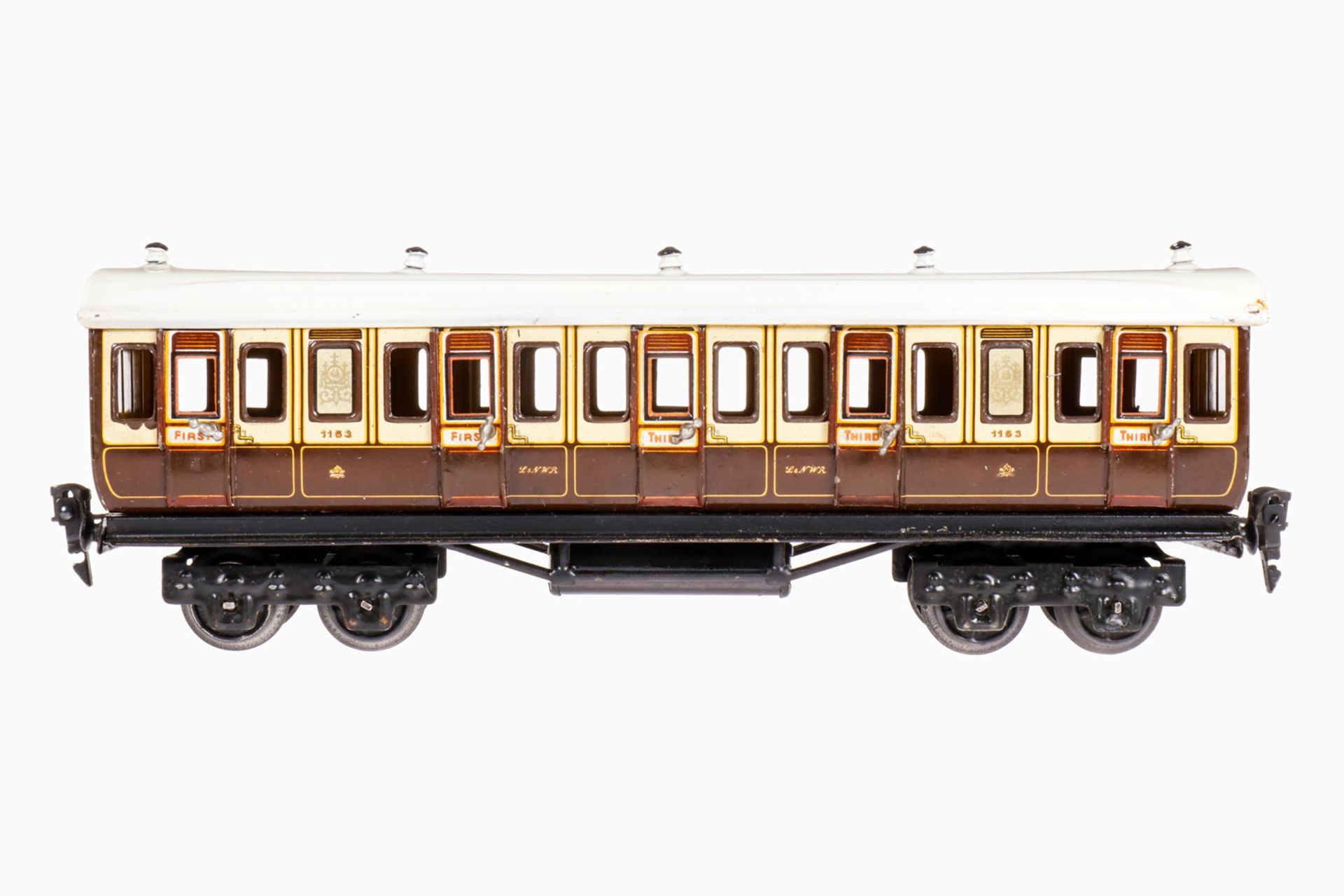 Märklin engl. Personenwagen 2875, S 0, CL, LNWR, 10 AT, 4A, 5 Lüfter, Stempel "Gamage London",