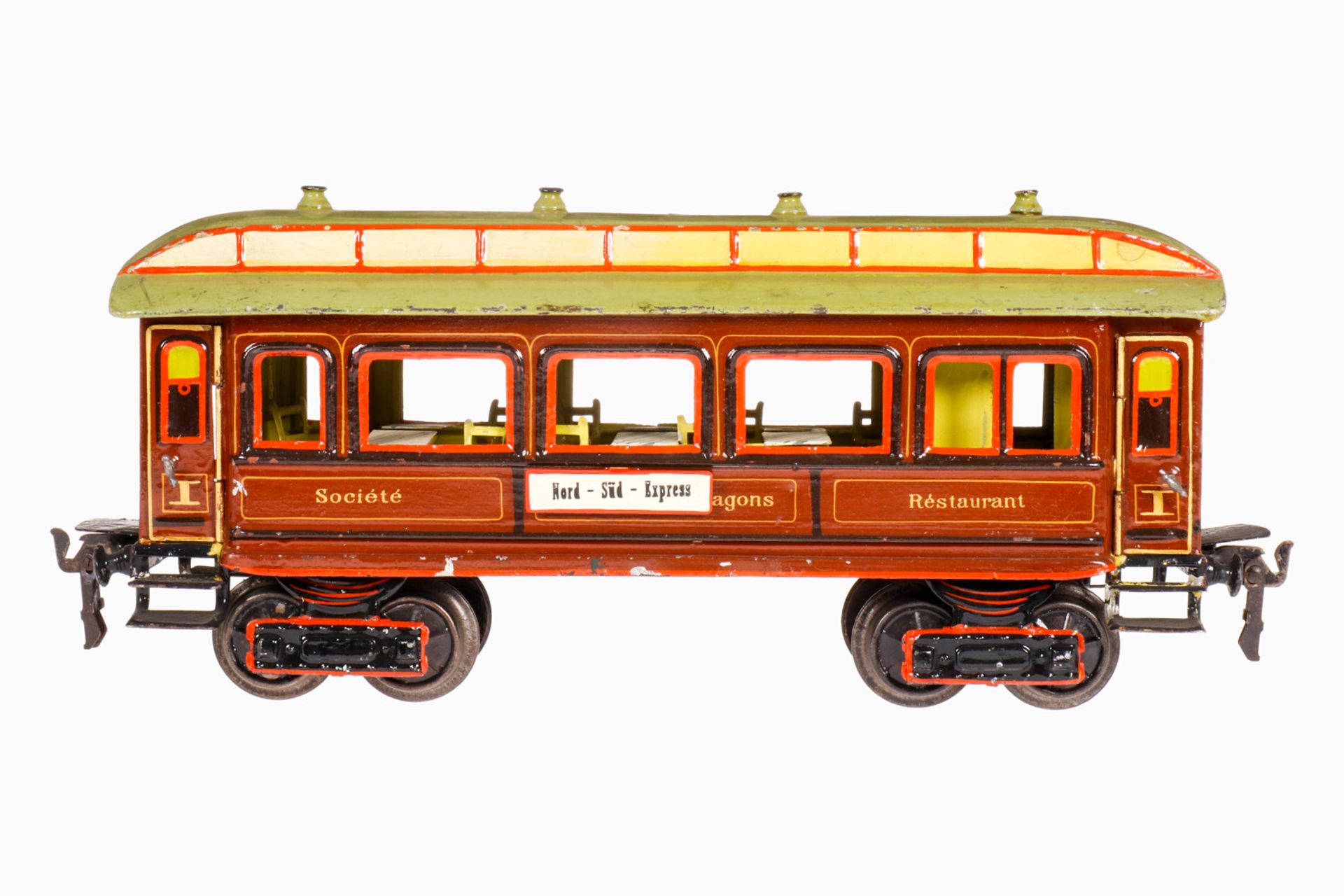 Märklin Speisewagen 1842, S 1, uralt, handlackiert, 4 AT, 4A, mit Inneneinrichtung, Oberlichtdach