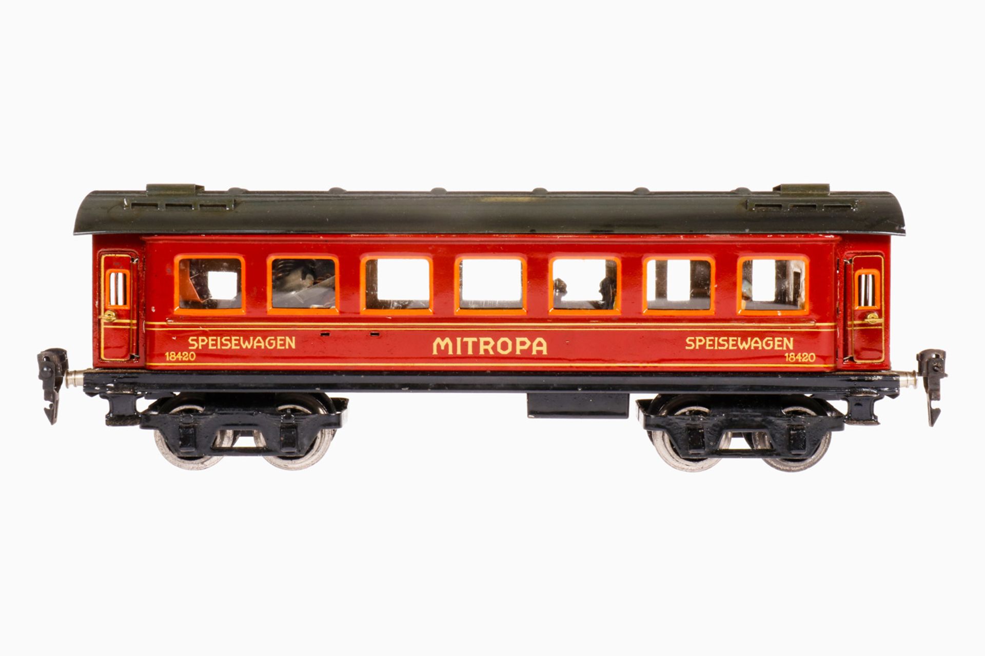 Märklin Mitropa Speisewagen 1842 G, S 0, CL, 4 AT, 4A Gussräder, mit Inneneinrichtung, 6 Figuren und