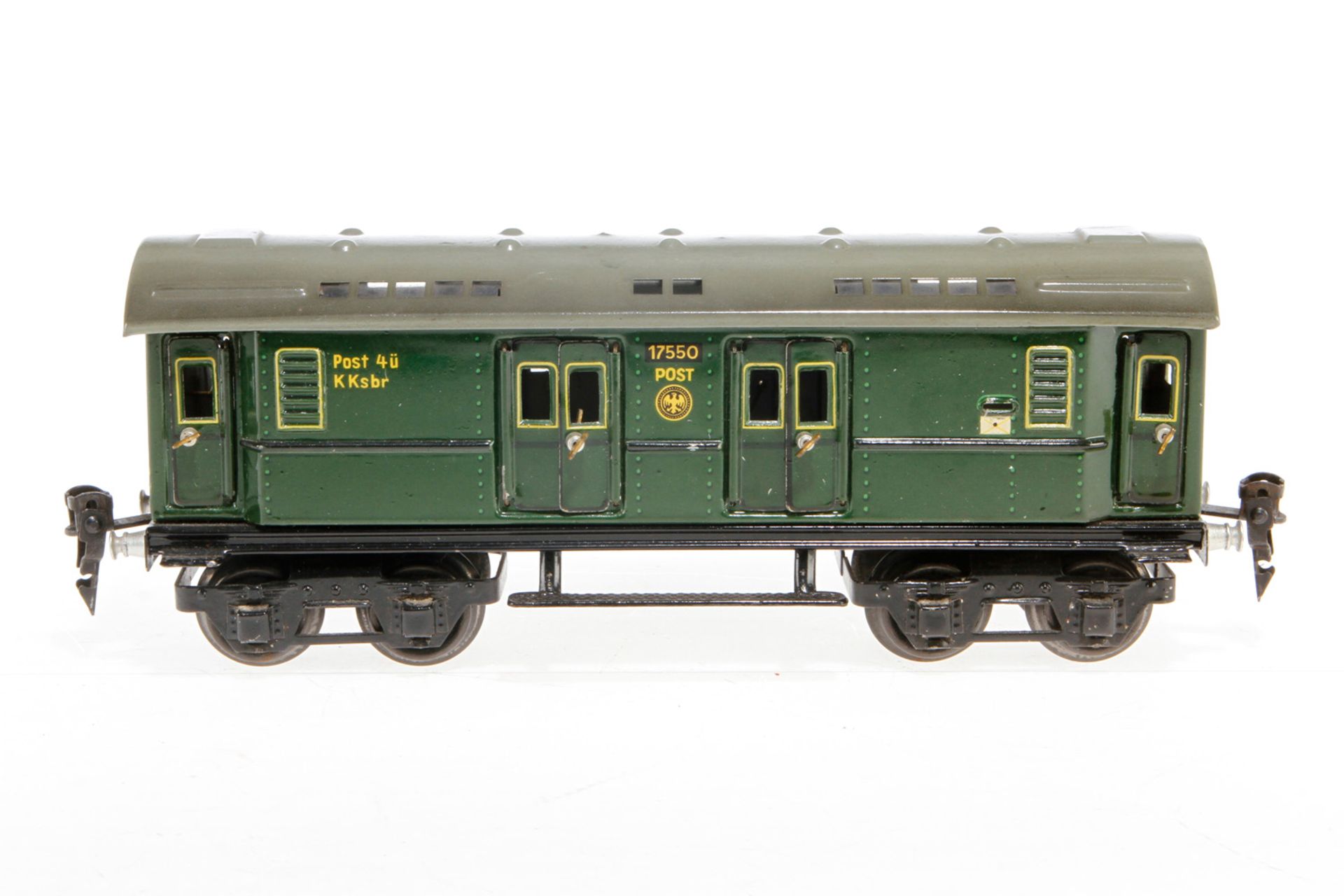 Märklin Postwagen 1755, S 0, CL, mit 4 AT und 4 DT, LS und gealterter Lack, L 24,5, Z 2-3