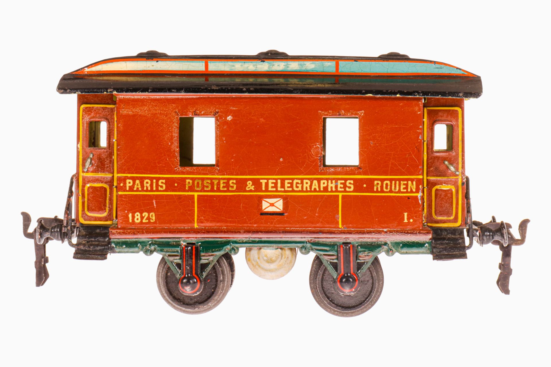 Märklin franz. Postwagen 1829, S 1, uralt, braun handlackiert, franz. Aufschrift, mit Ofen und