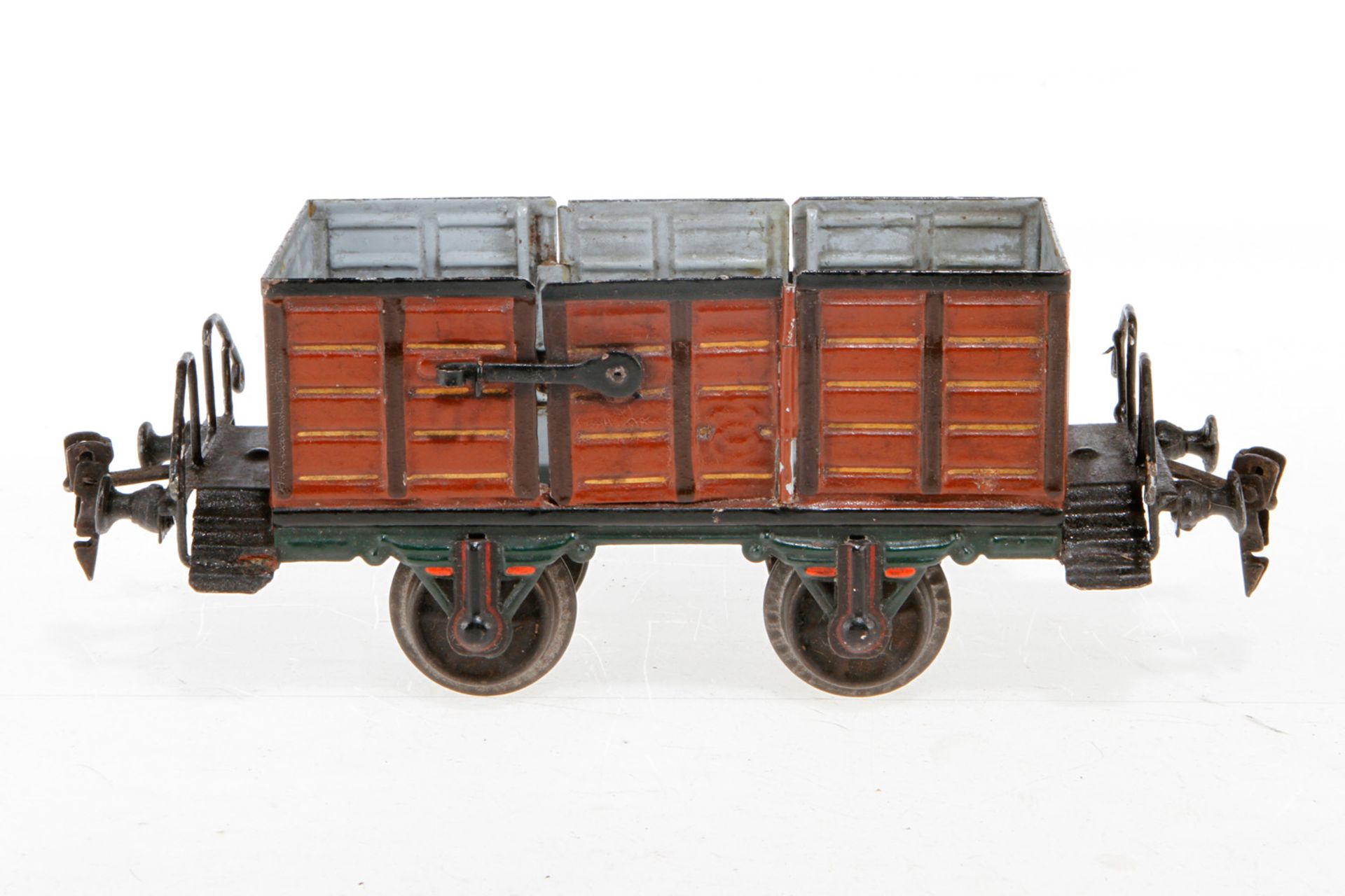 Märklin Hochbordwagen 1889, S 1, uralt, HL, mit 2 LTH, LS und gealterter Lack, L 21,5, Z 2-3