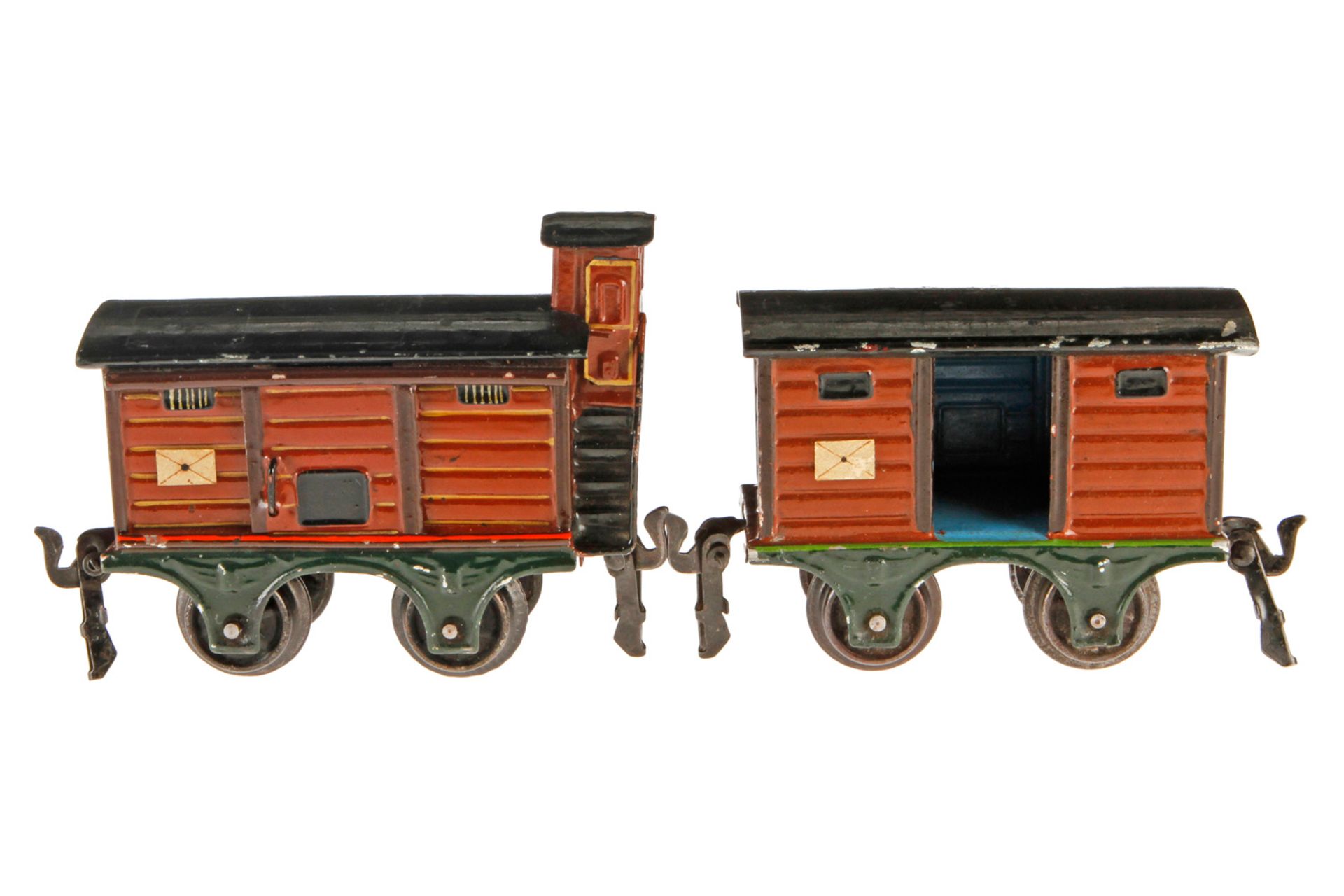 2 Märklin Güterwagen, S 0, 1804 mit BRHh und 1 ST, L 11 und 1803 mit 1 TÖ und waagerechten Rillen, L