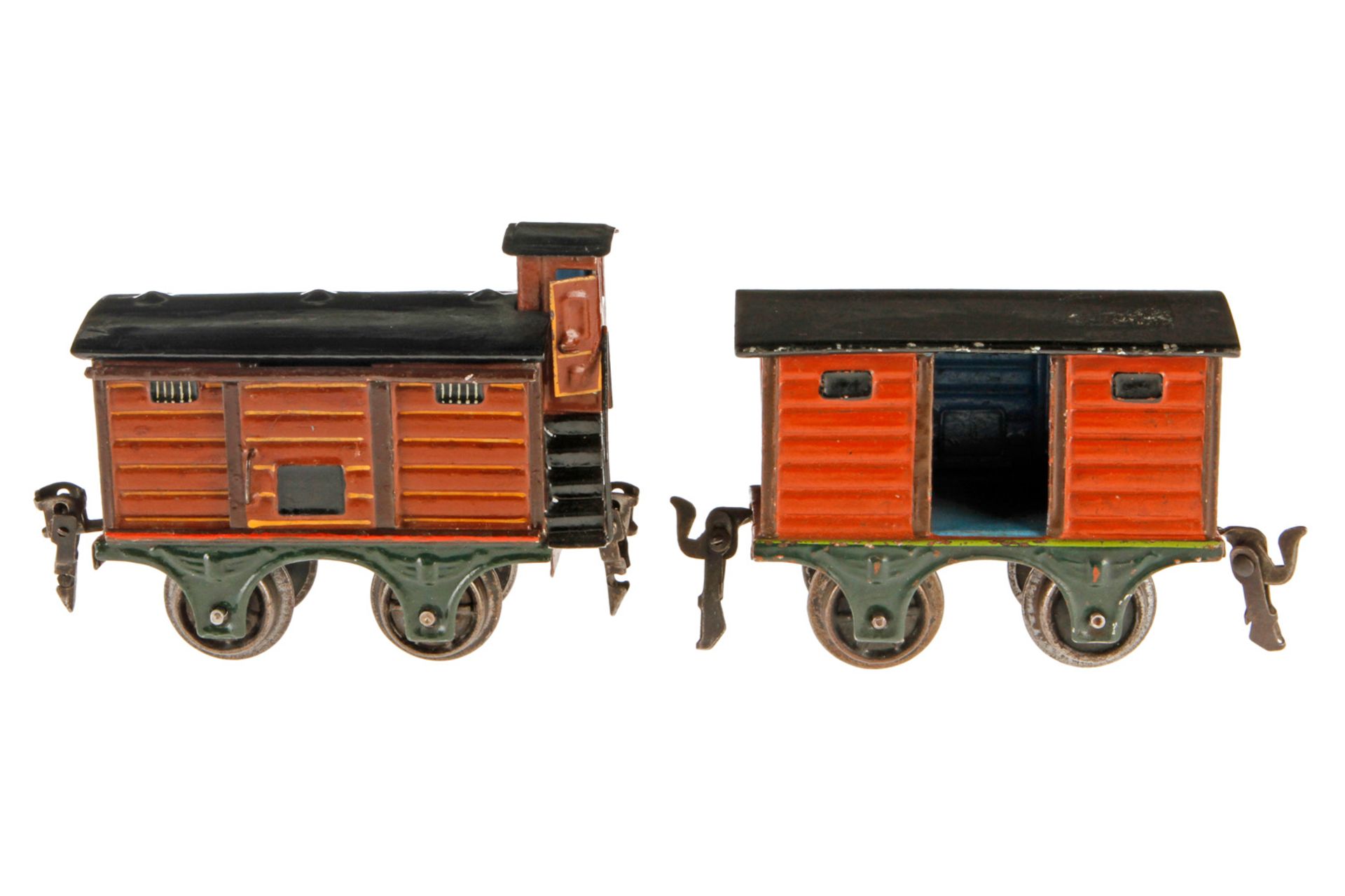 2 Märklin Güterwagen, S 0, 1804 mit BRHh und 1 ST, L 11 und 1803 mit 1 TÖ und waagerechten Rillen, L