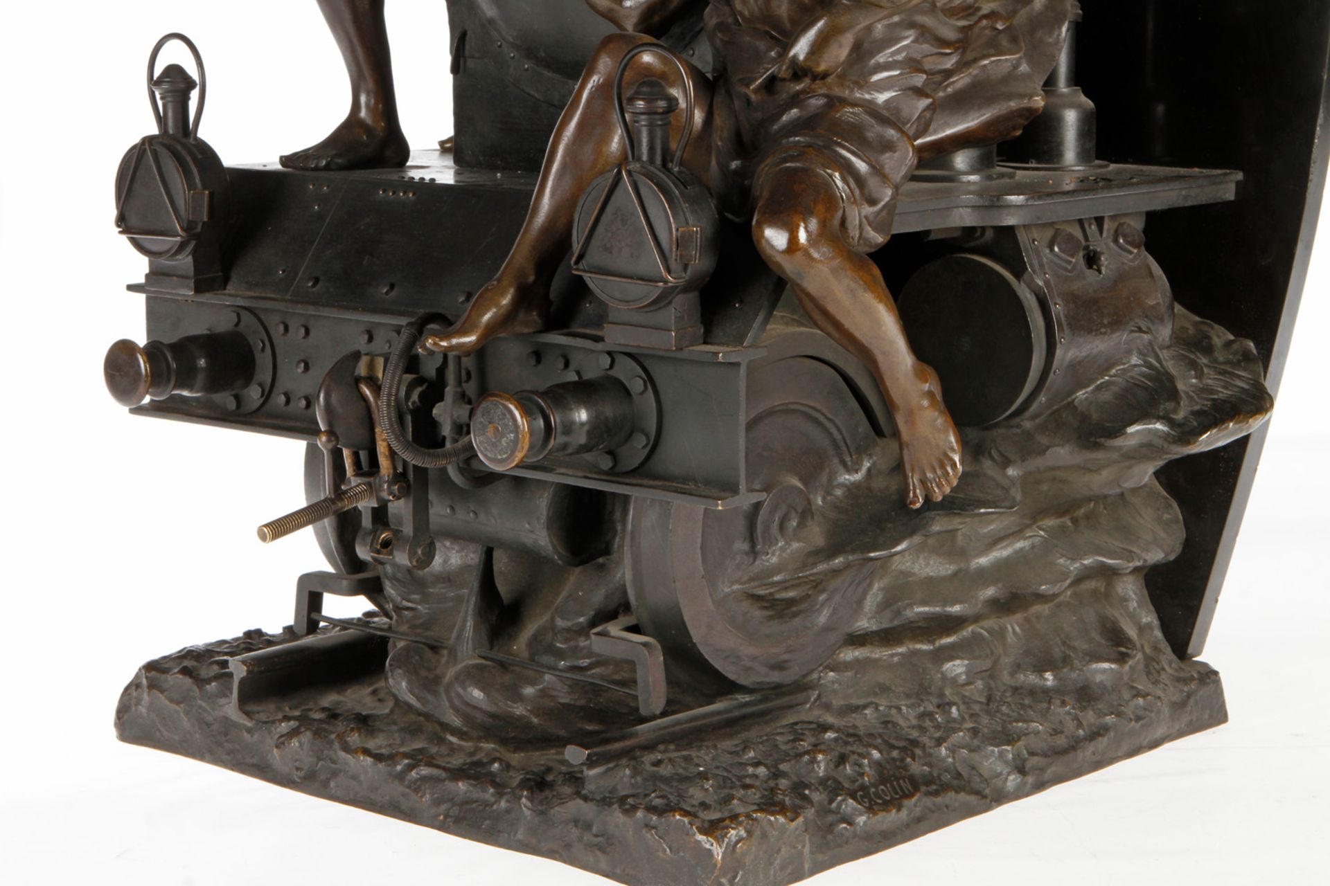 Große Bronze zur Eröffnung des Simplon-Tunnels, signiert G. Colin, mit Lokomotive, Hermes und - Image 4 of 4