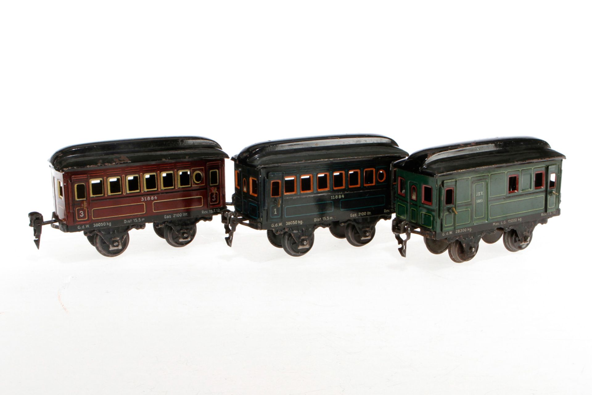 2 Märklin Personen- und Gepäckwagen 1884/1885, S 0, CL, je mit 4 AT, LS, L 13, Z 3