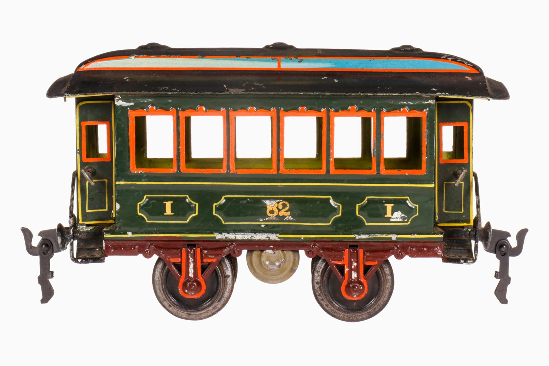 Märklin Durchgangswagen 1821, S 1, uralt, handlackiert, 4 AT, mit Inneneinrichtung und querliegendem