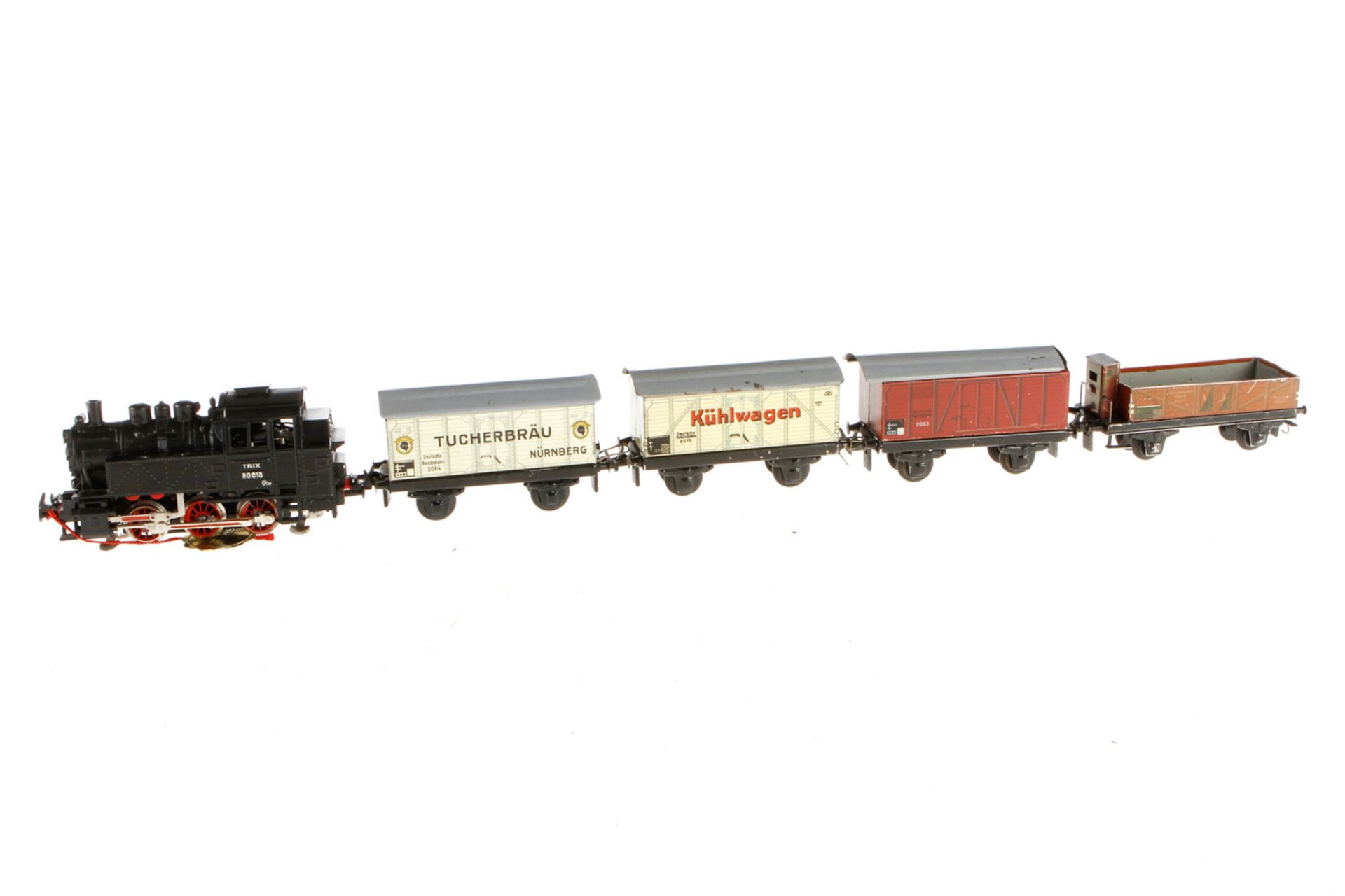 Trix Zug, S H0, mit Tenderlok 80018, 4 Güterwagen, darunter Kühlwagen und Tucherbräu, Z 2-3