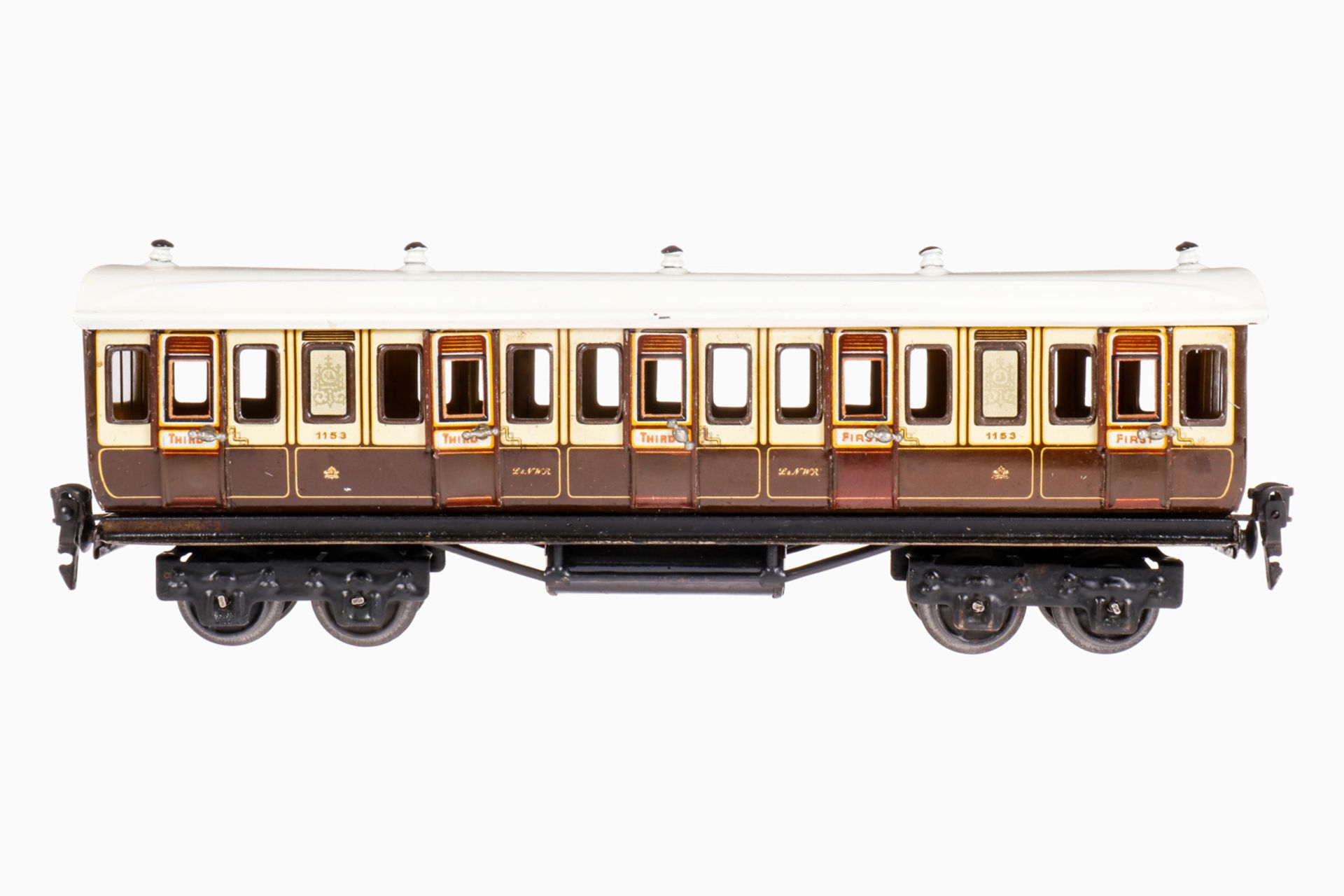 Märklin engl. Personenwagen 2875, S 0, CL, LNWR, 10 AT, 4A, 5 Lüfter, Stempel "Gamage London",