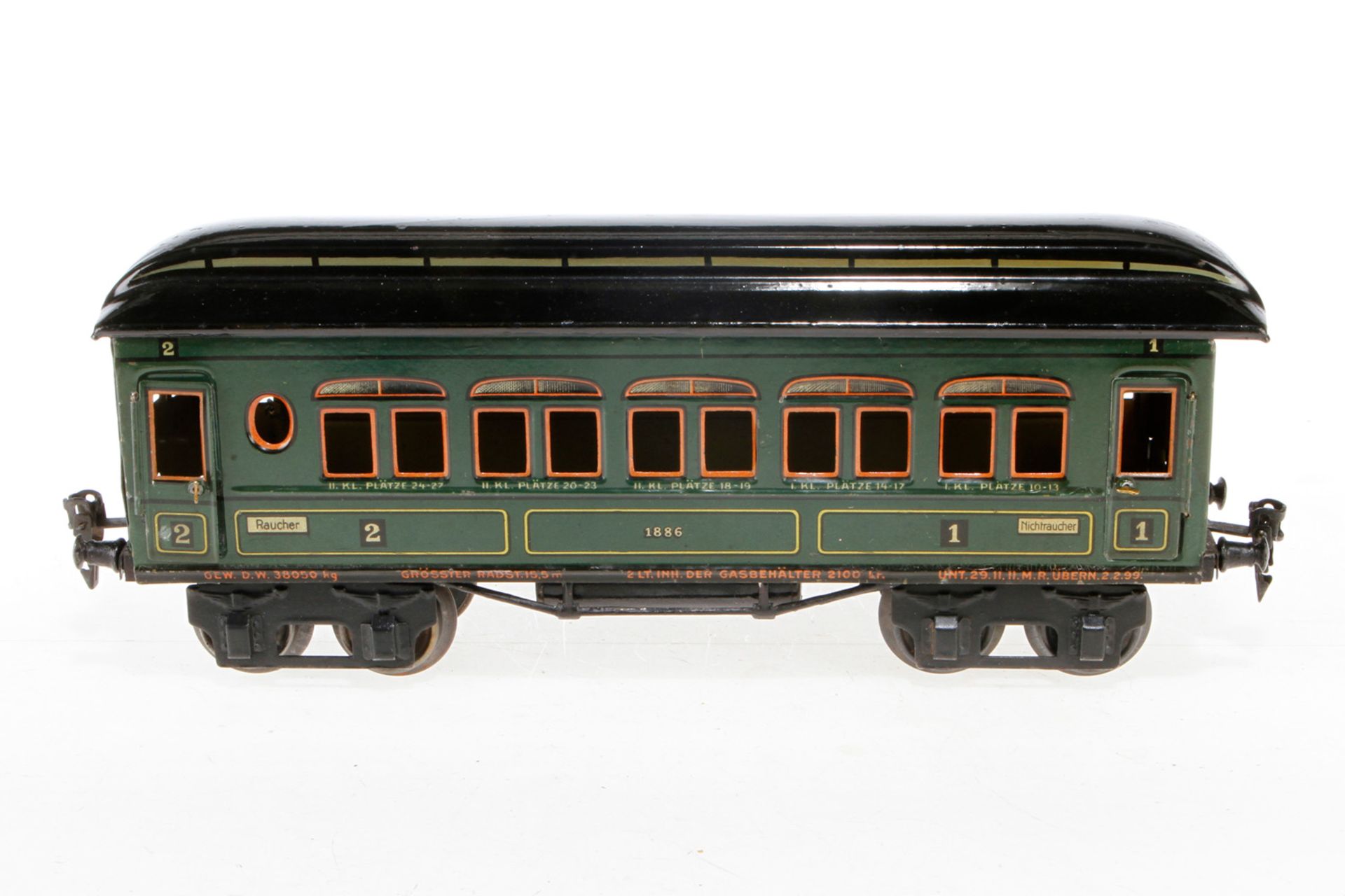 Märklin Personenwagen 1886, S 1, CL, mit 4 AT, LS tw ausgebessert, gealterter Lack, L 33,5, Z 2-3