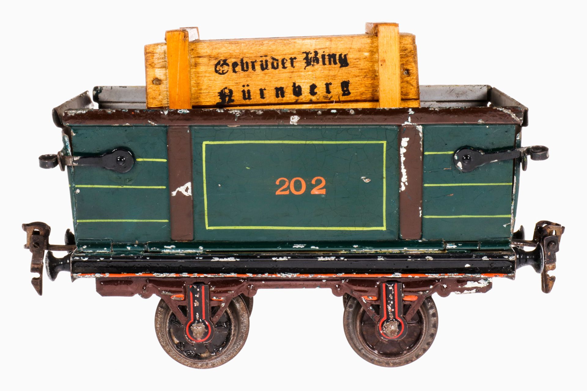Märklin Rübenwagen 1832, S 1, uralt, grün handlackiert, Bordwände abklappbar, leichte Alterungs- und