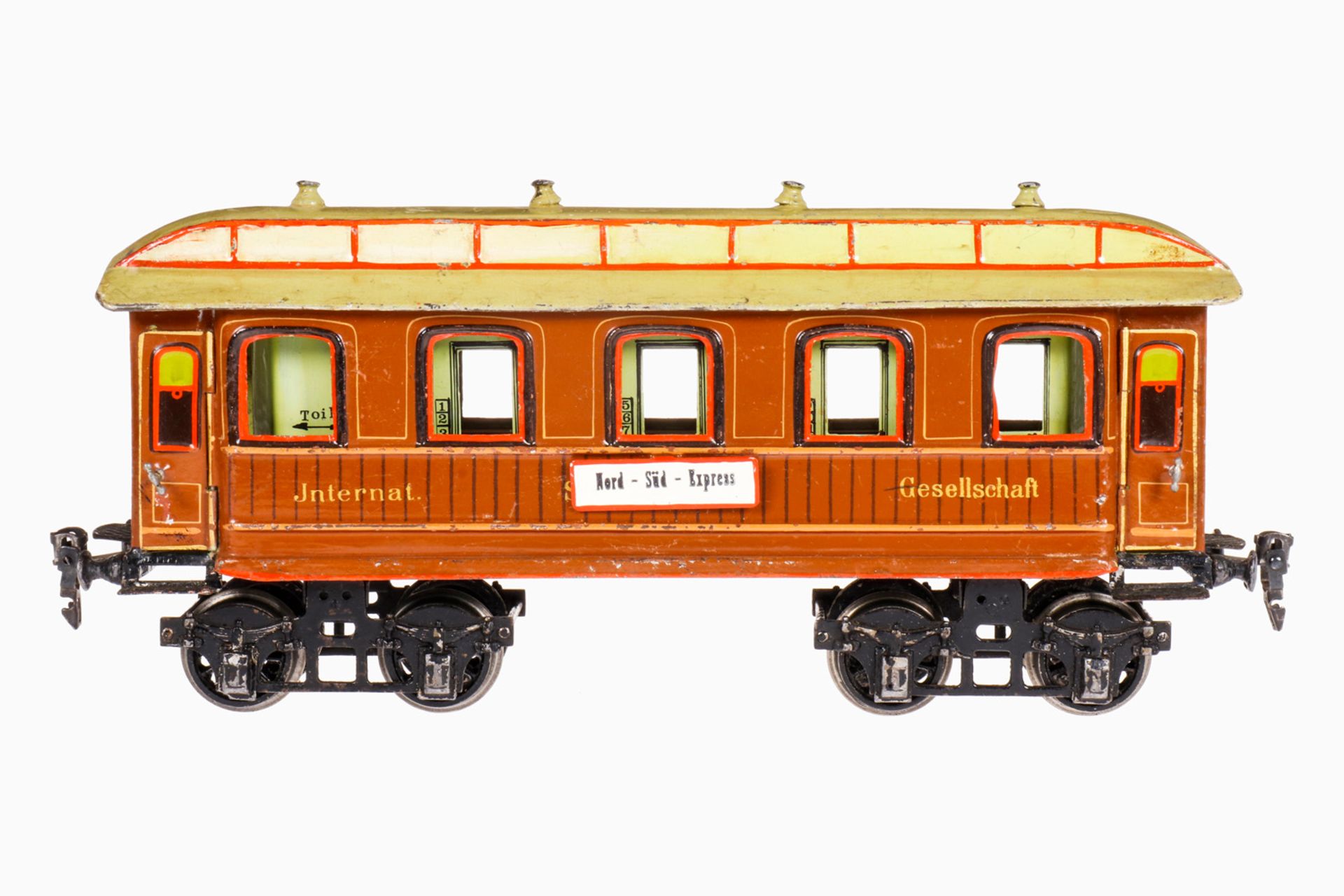 Märklin int. Schlafwagen 1843, S 1, uralt, handlackiert, 4 AT, 4A Gussräder, mit Inneneinrichtung,