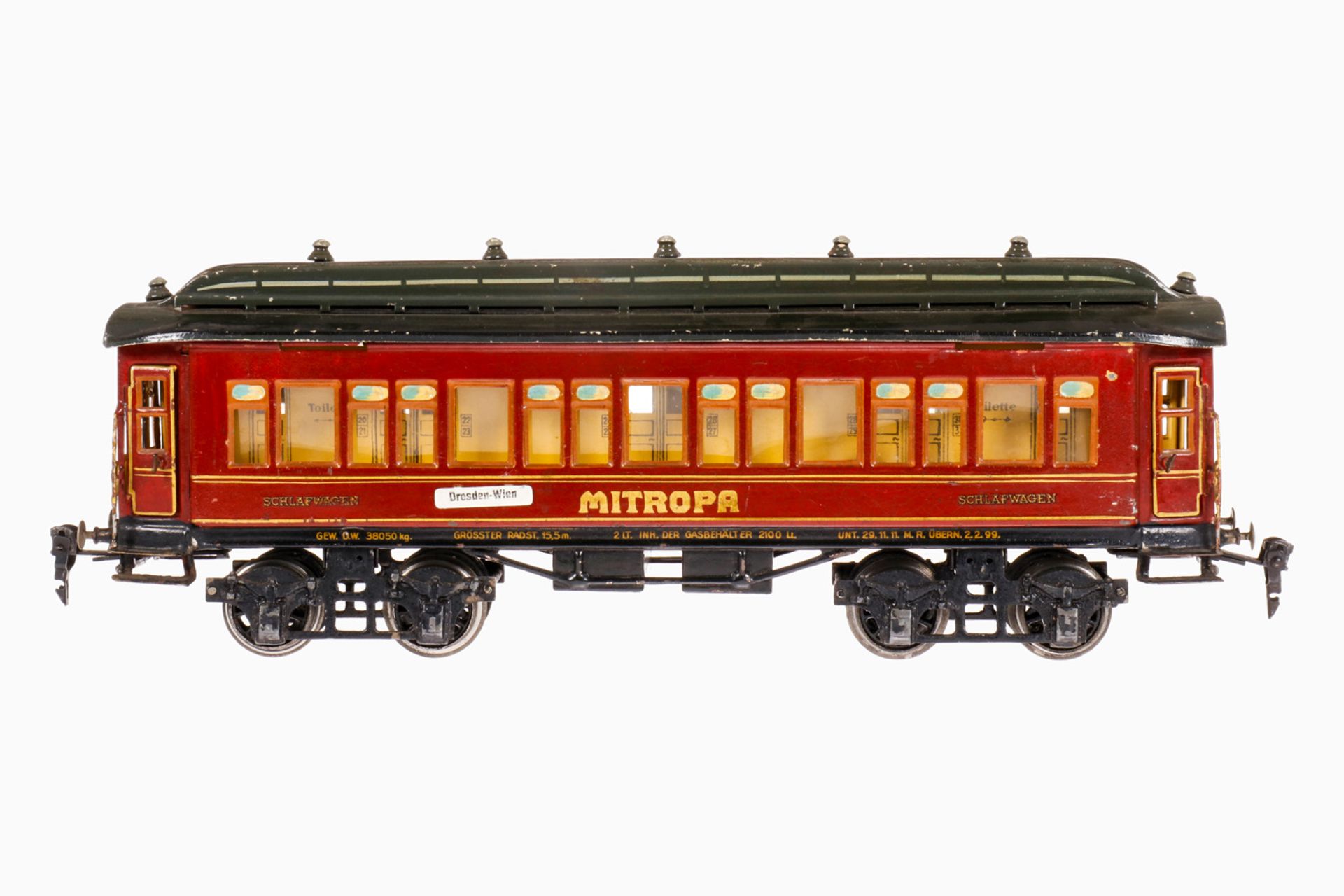 Märklin Mitropa Schlafwagen 1933 G, S 1, rot handlackiert, 4 AT, 4A Gussräder, mit Inneneinrichtung,