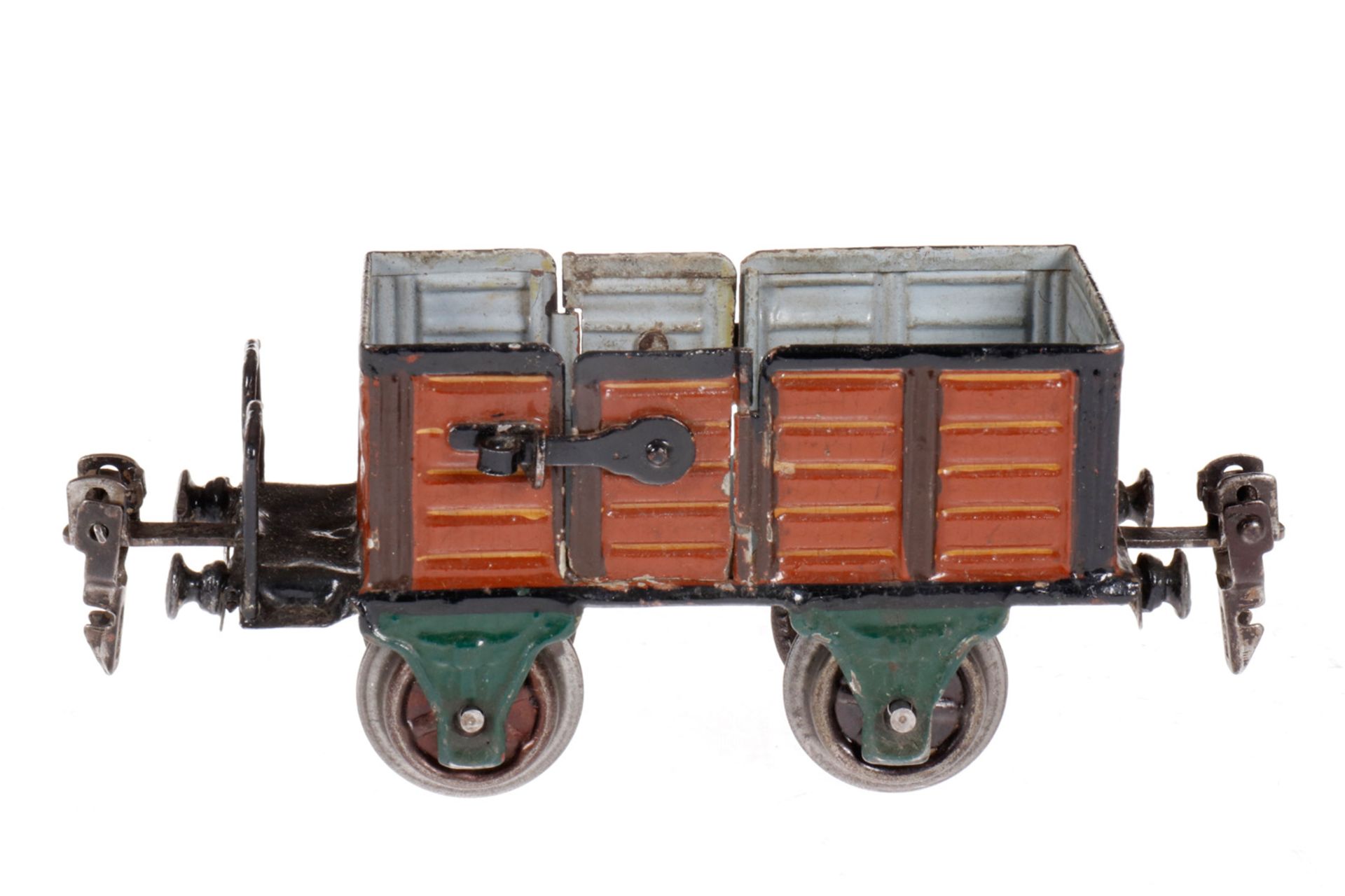 Märklin Hochbordwagen 1889, S 0, uralt, HL, mit 2 LTH, LS tw ausgebessert, gealterter Lack, L 12,