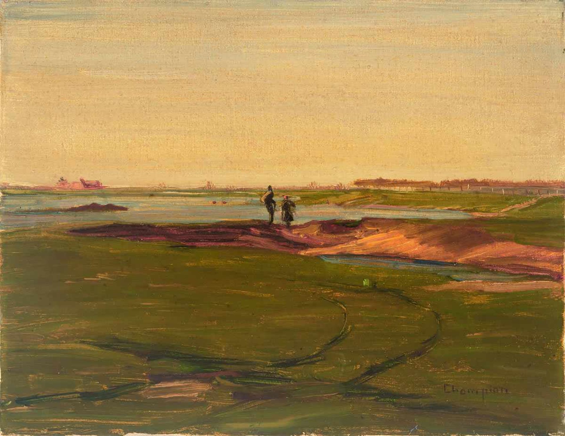 Champion, Theodor(Düsseldorf 1887 - 1952 Zell an der Mosel)o.T. (Landschaft am Rhein). Öl auf