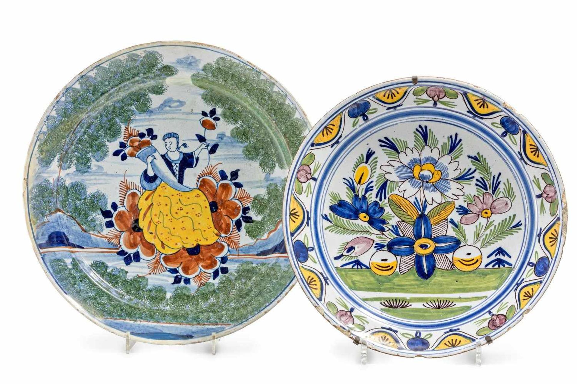 PlatteDelft, um 1720/30Polychrom bemalt mit sitzender Ceres auf Blumenbank in Landschaft. D. ca.