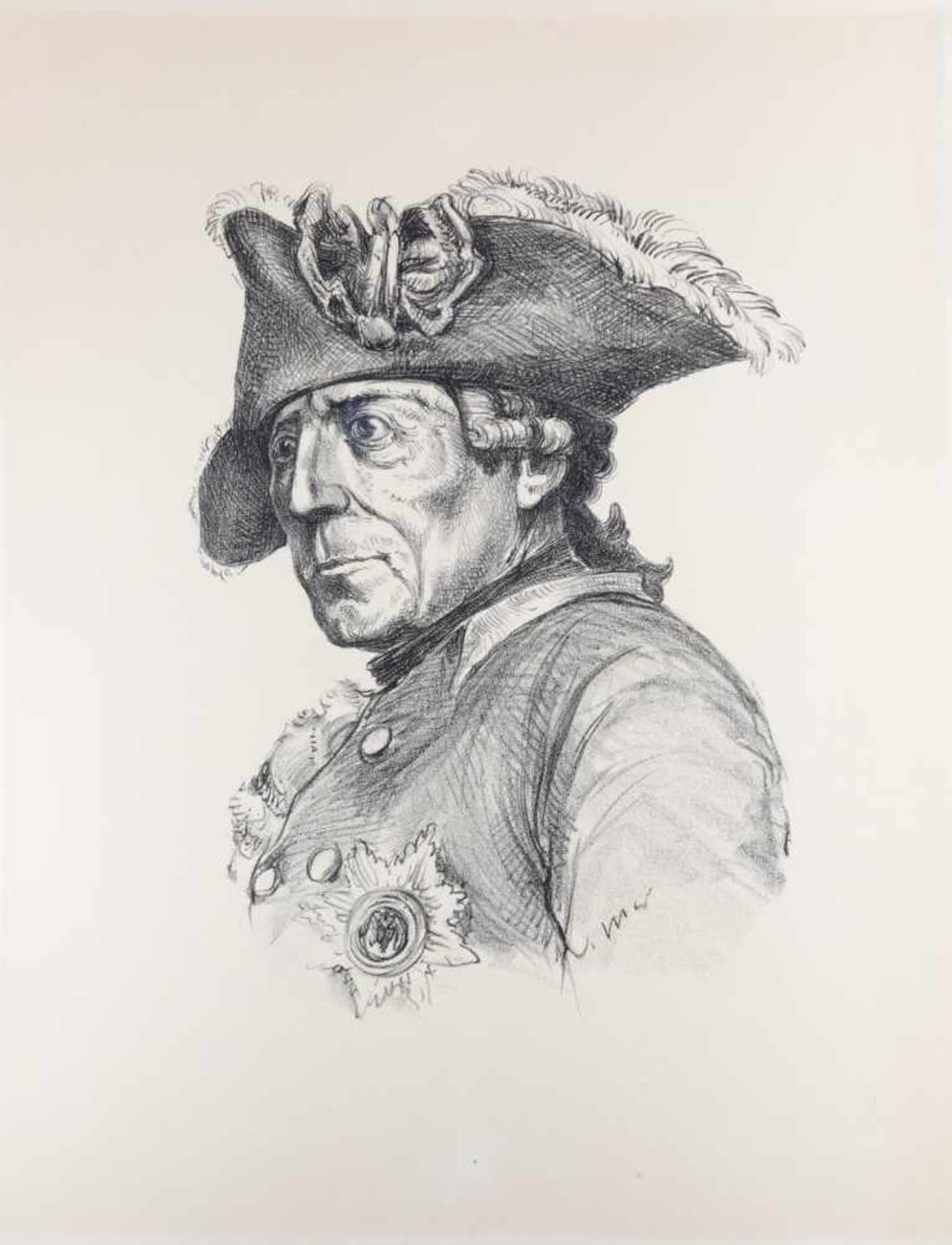 König Friedrich II. von Preußenum 1930Brustbildnis. Lithographie. Im Stein monogr. MW. Ca. 40×30 cm.