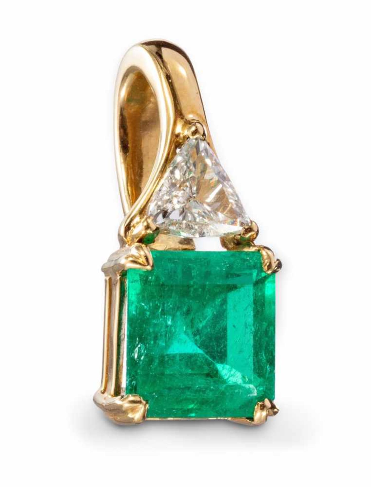 Smaragdanhänger750/f. Gold. Ausgefasst mit quadratischem Kolumbia-Smaragd von ca. 3,01 ct und
