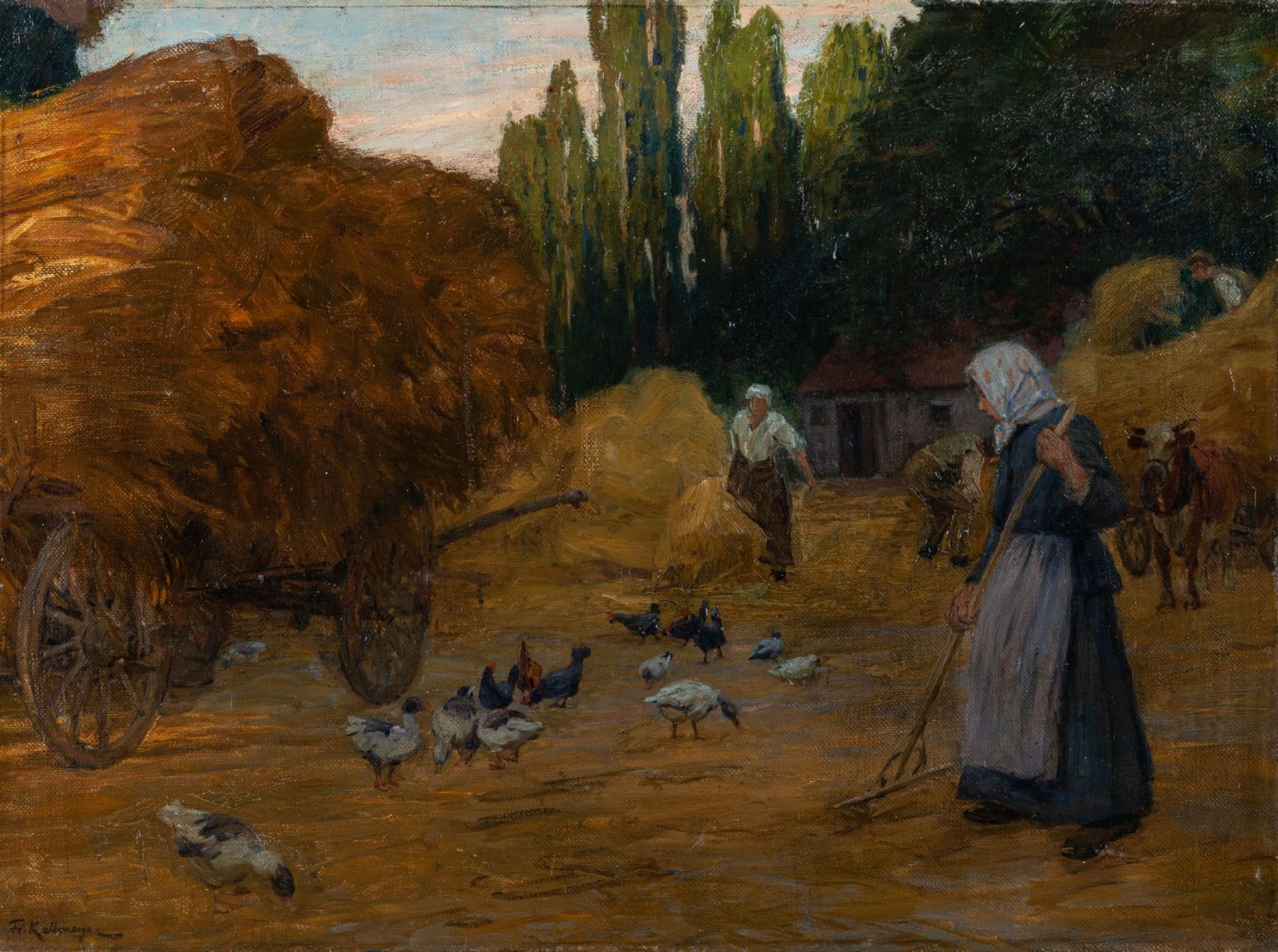 Kallmorgen, Friedrich (Altona, Grötzingen 1856-1924)ErntebetriebInmitten von Stroh, Hühnerschar