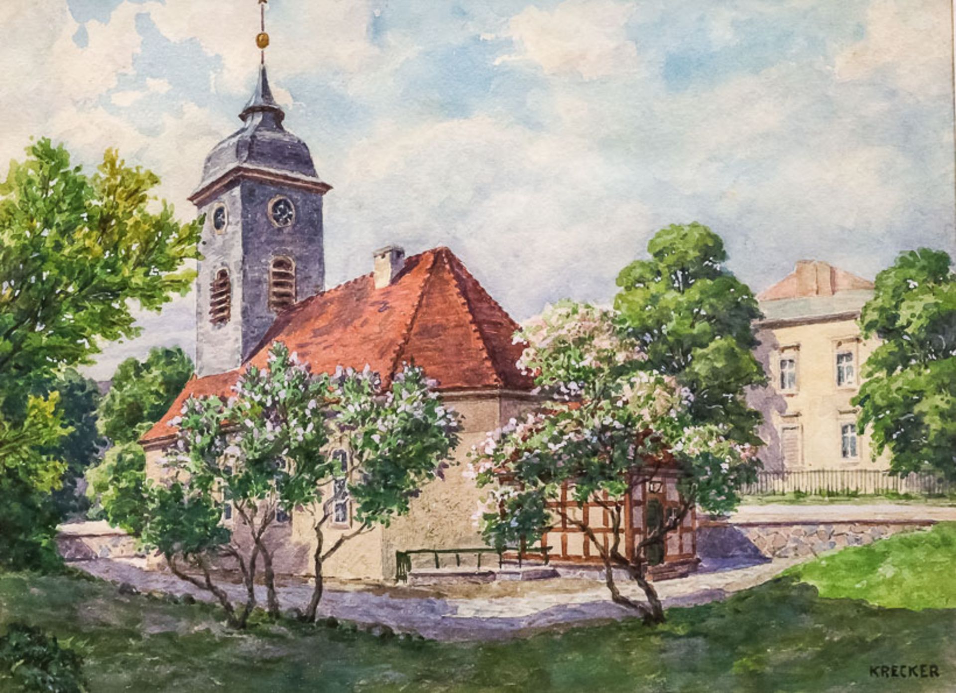 Krecker, Georg (Berlin, 1930 ansässig Platanenallee)DorfkircheSign. Aquarell. 21×27 cm. R. DAZU: