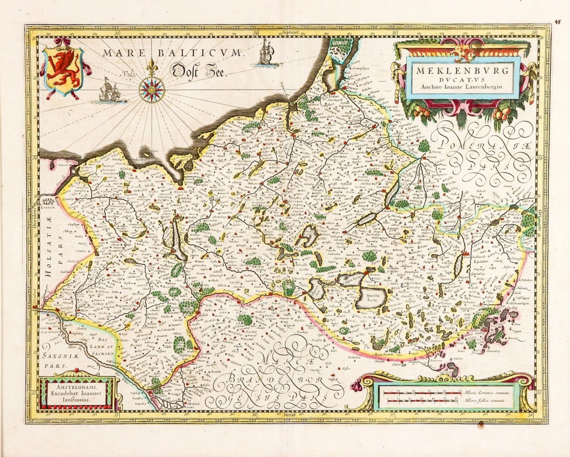 Mecklenburgum 1630/40Meklenburg Ducatus. Kol. Kupferstich mit zwei Kartuschen, Meilenanzeiger,