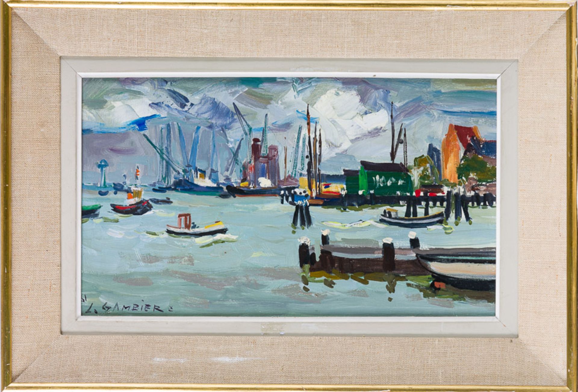 Gambier, Léon (Dieppe 1917-2007)Port AmsterdamSign. u. dat. (19)61. Lwd. 24×44 cm. Rückseitig