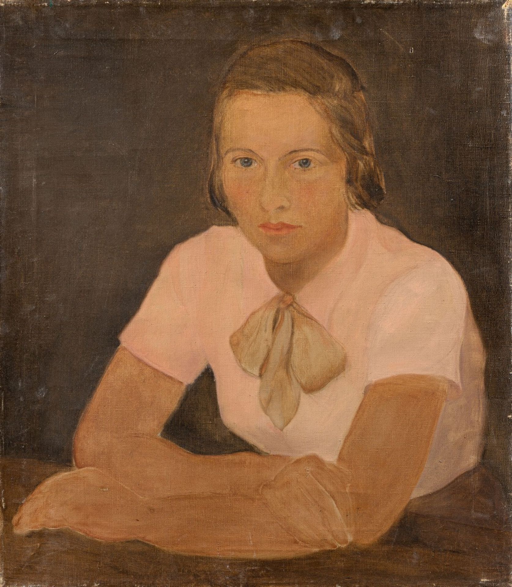 Kindt, Max (Starkenhorst, Berlin 1896-1970)Junges Mädchen mit rosa Pullover und SchleifeDie Arme auf