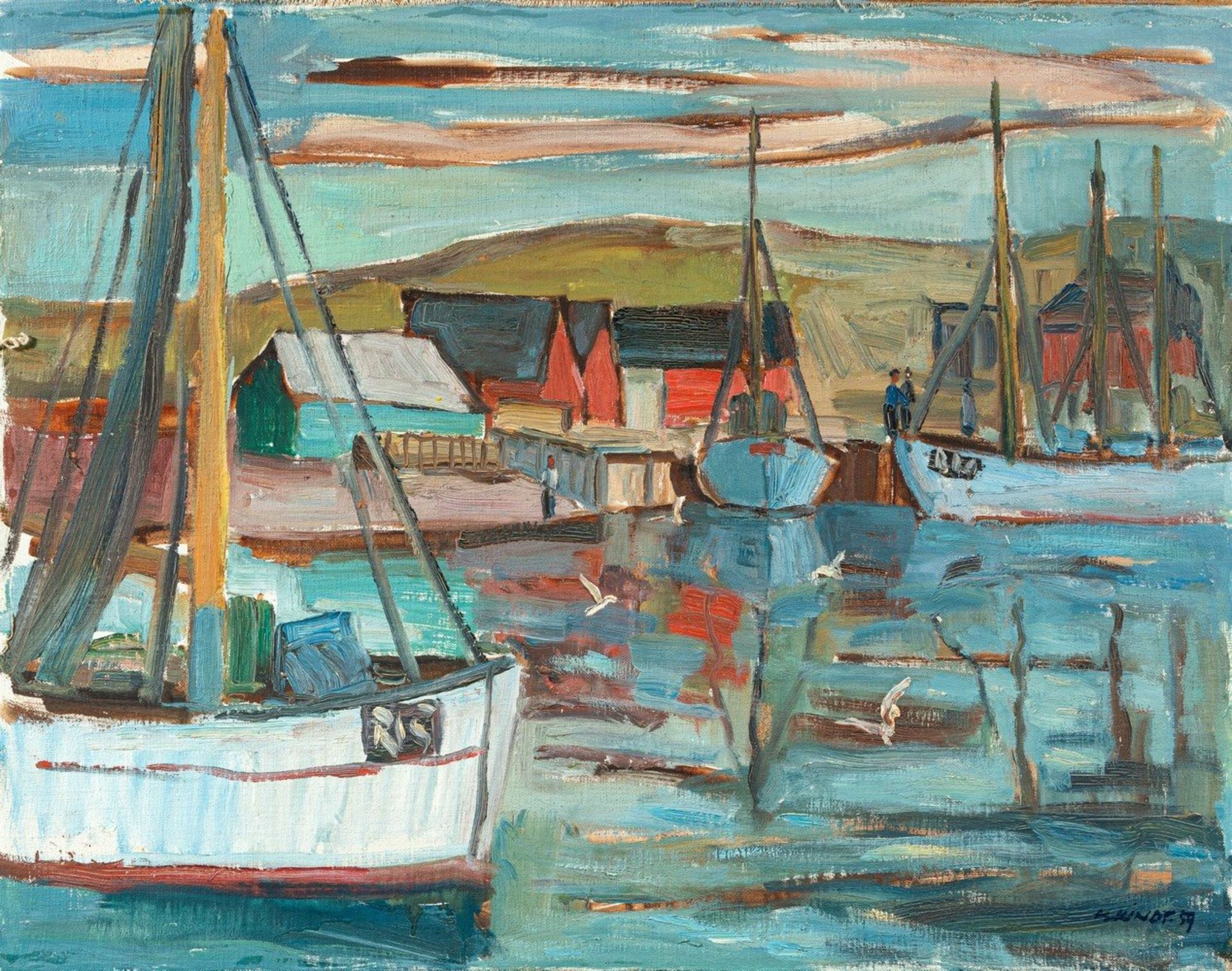 Kindt, Max (Starkenhorst, Berlin 1896-1970)Norwegischer Hafen hinter Dünen mit roten Häusern u.