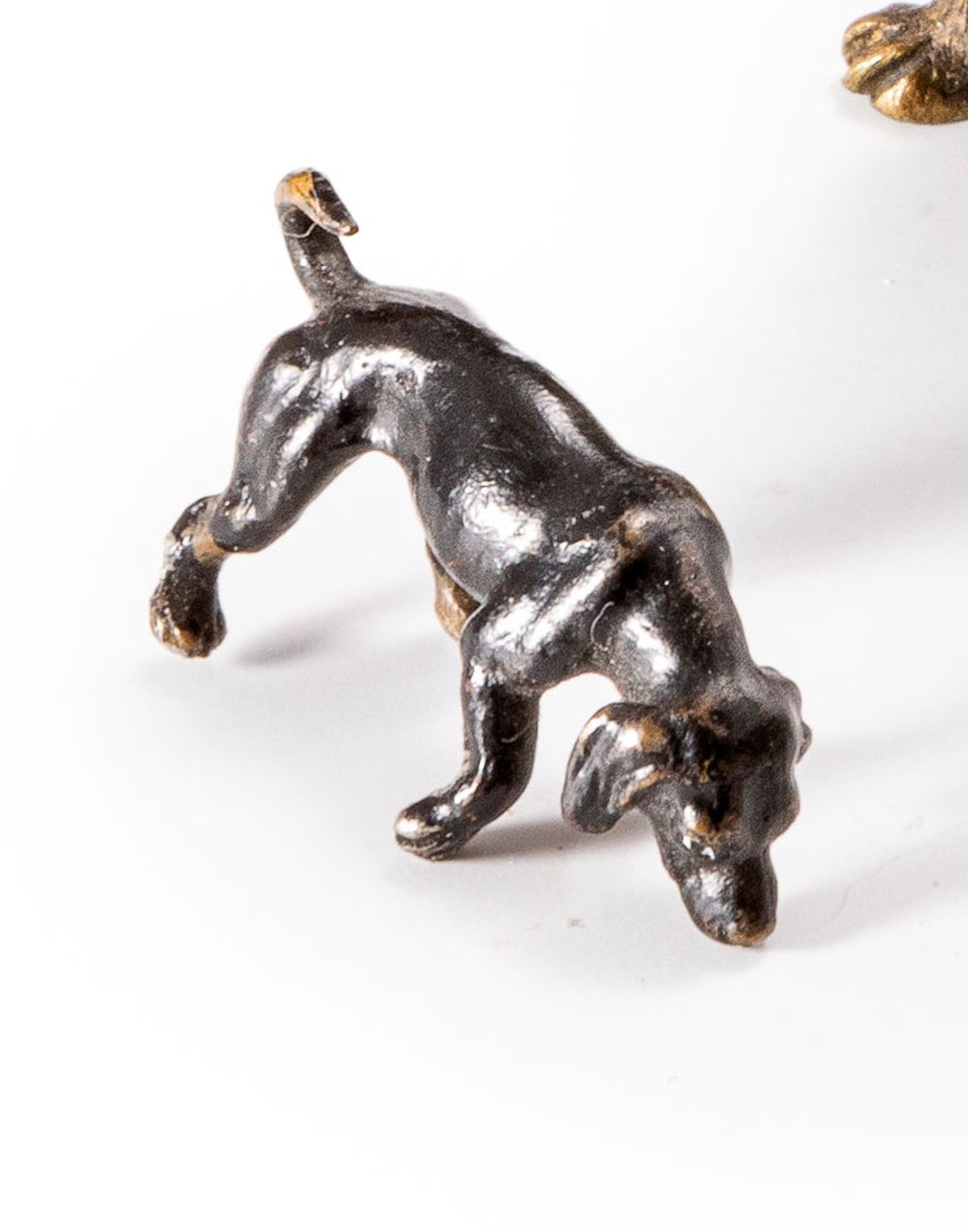 Dackel in Art der Wiener BronzeWeißmetallguss, naturalistisch gefasst. H. 2 cm.(58108)Dackel in