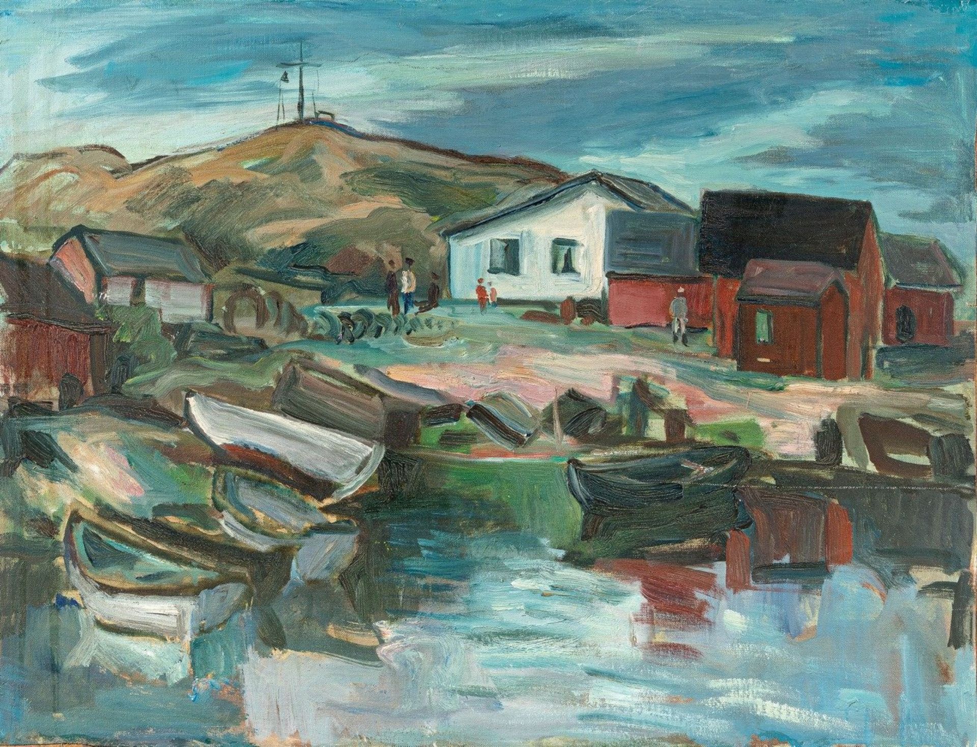 Kindt, Max (Starkenhorst, Berlin 1896-1970)Norwegische Bucht mit an Land gezogenen Booten u. kl.