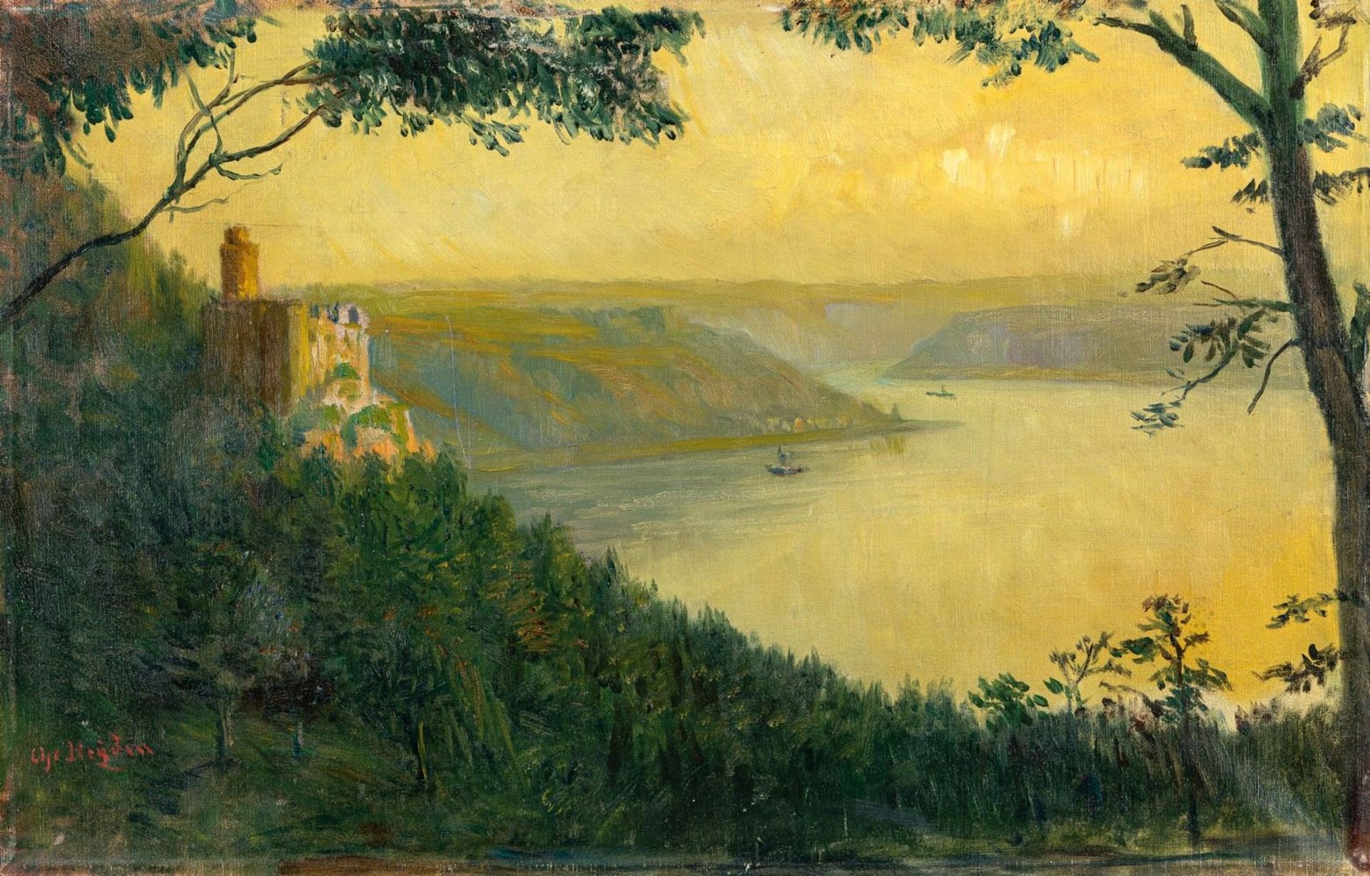 Heyden, Christian (Köln, Düsseldorf 1854-1939)Blick auf Rhein mit Burgruine in gelblichem