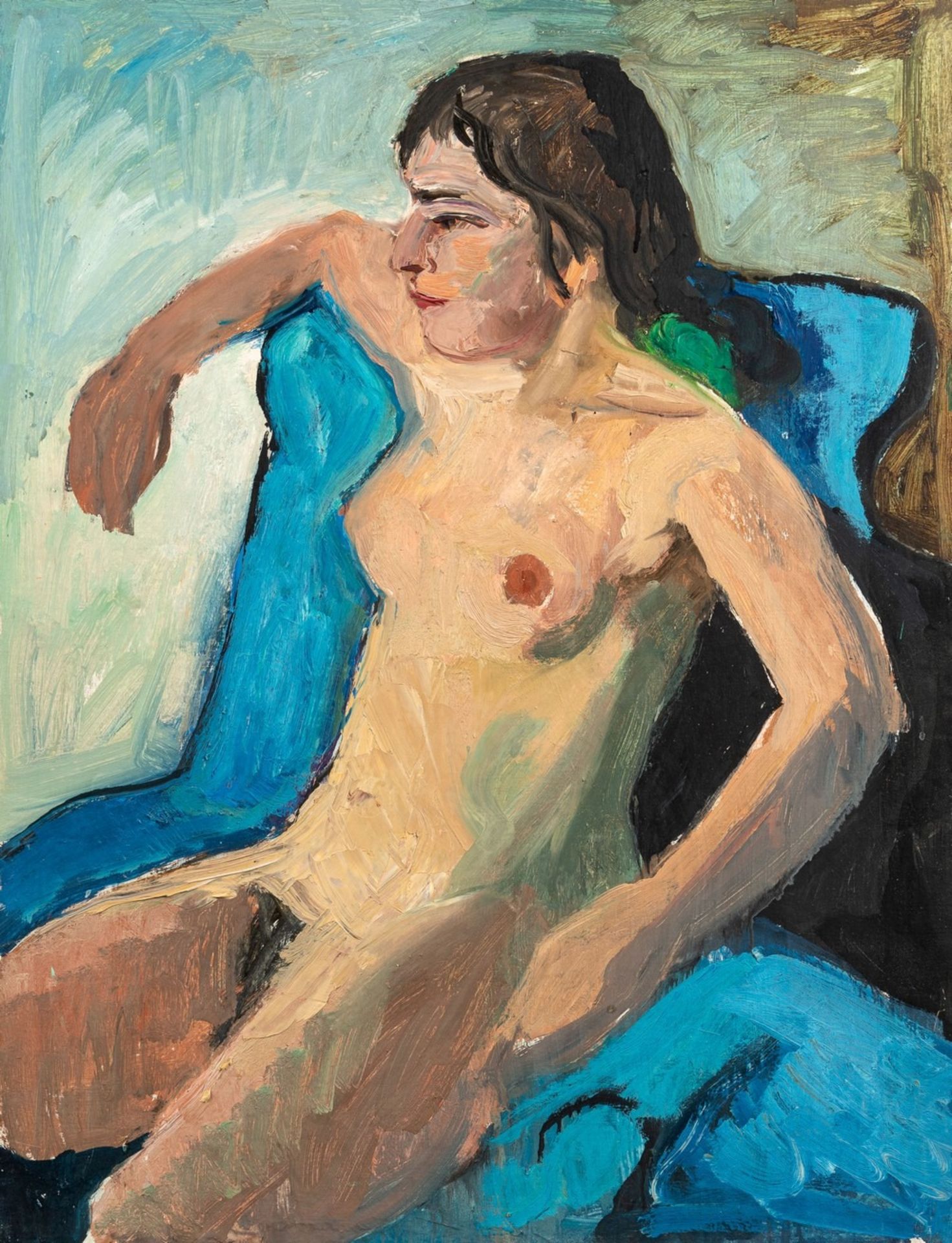 Kindt, Max (Starkenhorst, Berlin 1896-1970)Weiblicher Aktauf blauem Tuch. Starker Malkarton. 79×60