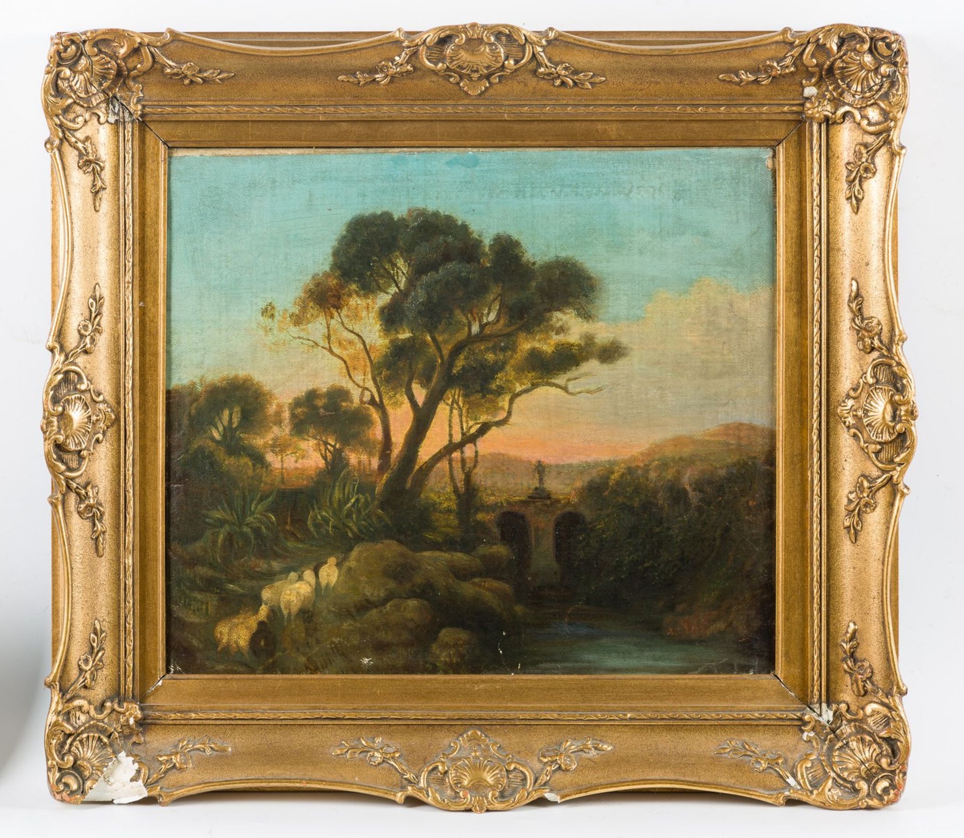 Italienischer Maler (um 1800)Flusslandschaft in AbendstimmungLinks neben Aloe weidende Schafe.