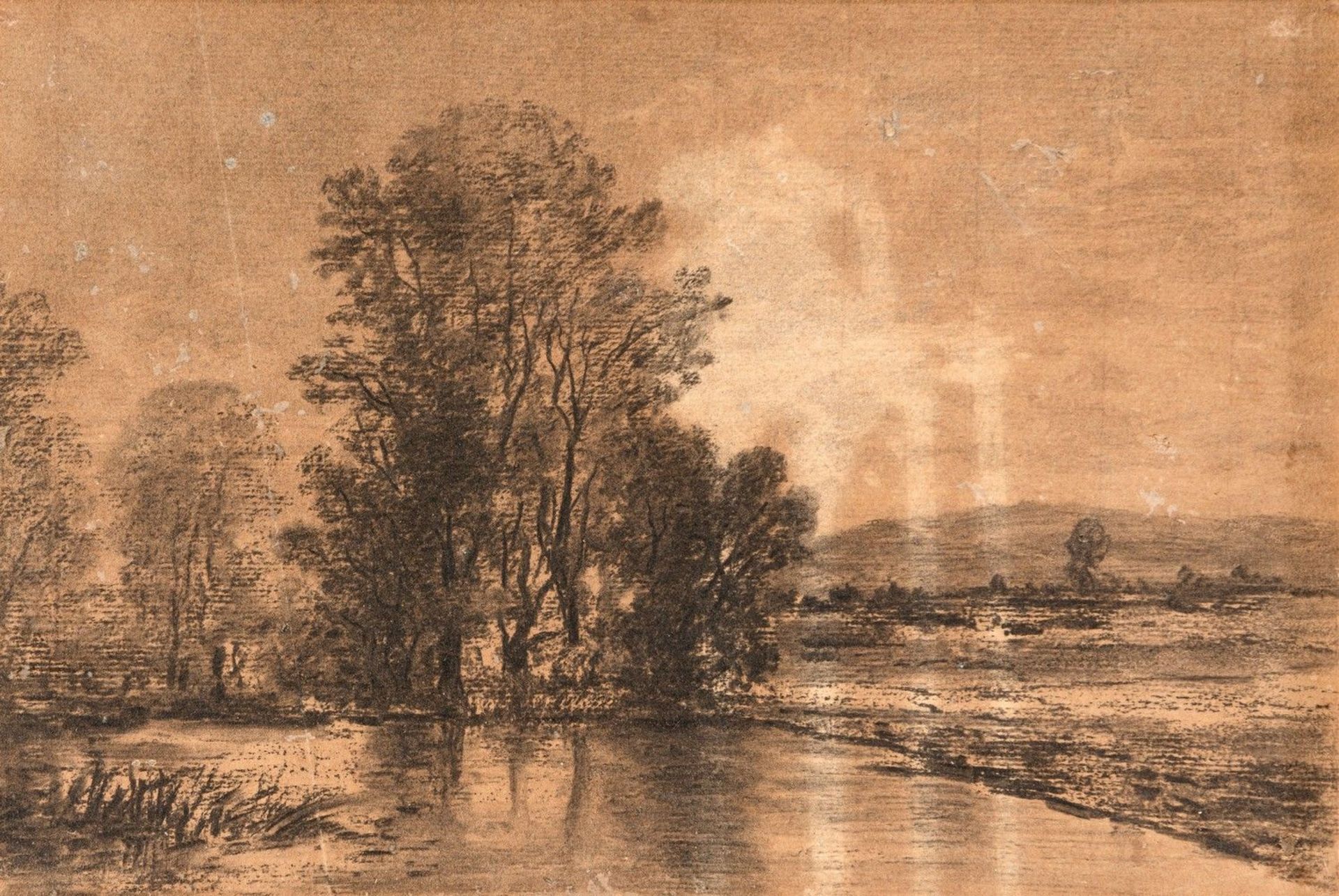 Corot, Camille (Paris 1796-1875) , Art desLandschaft und baumbestandener SeeKohle, teilweise