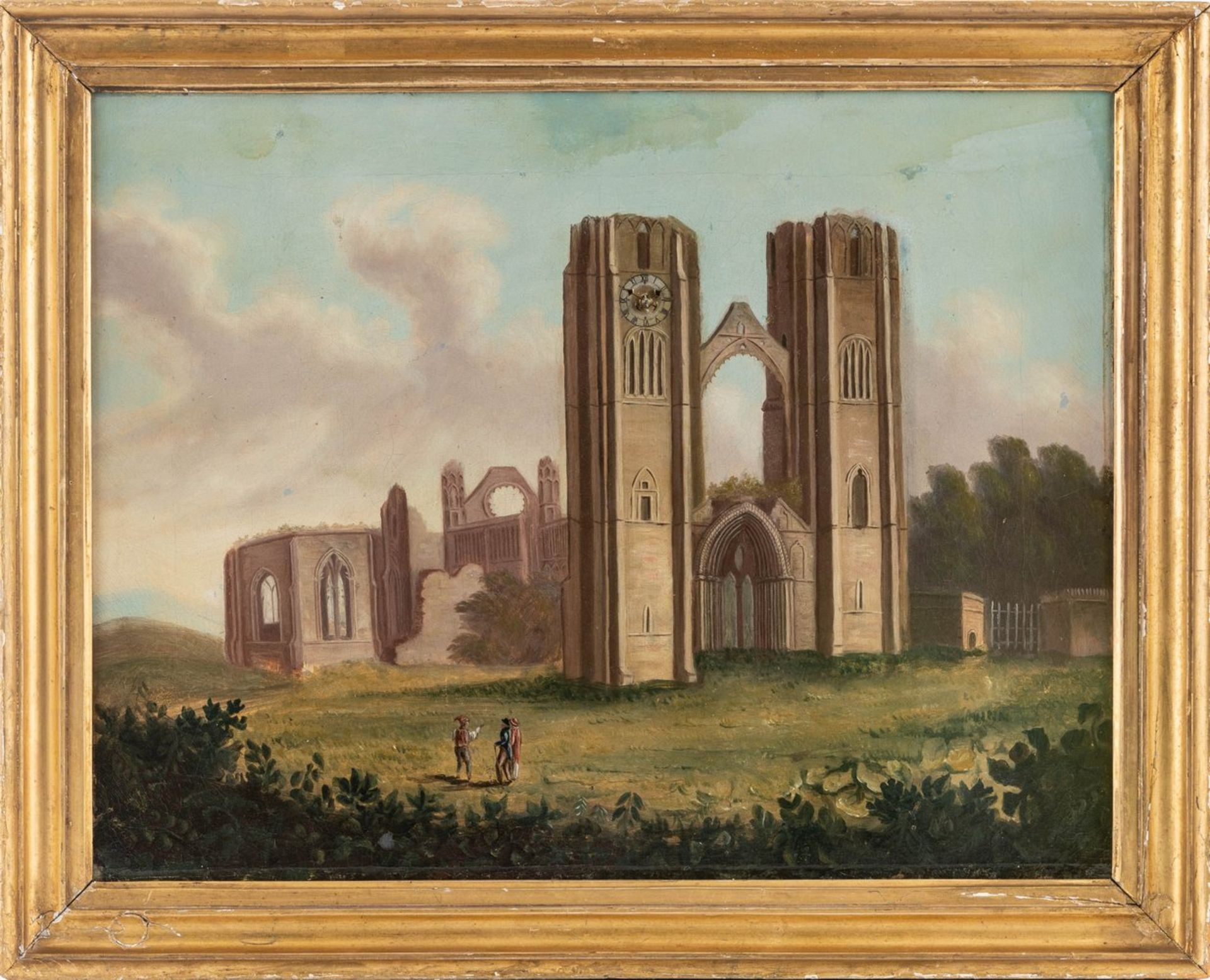 Uhrenbild mit Elgin CathedralÖsterreich, um 1830Öl auf Leinwand. Darstellung der Rui