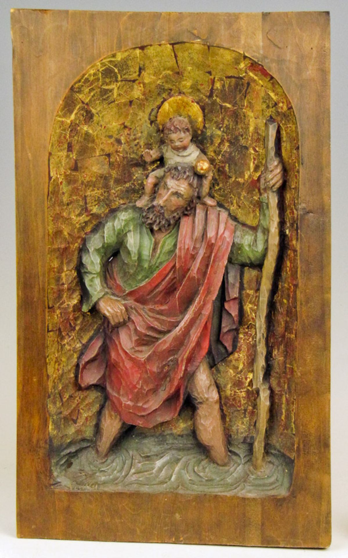 Hl. Christophorusum 1900Holzrelief, in einer Nische geschnitzt. Farbig gefasst. 51×3