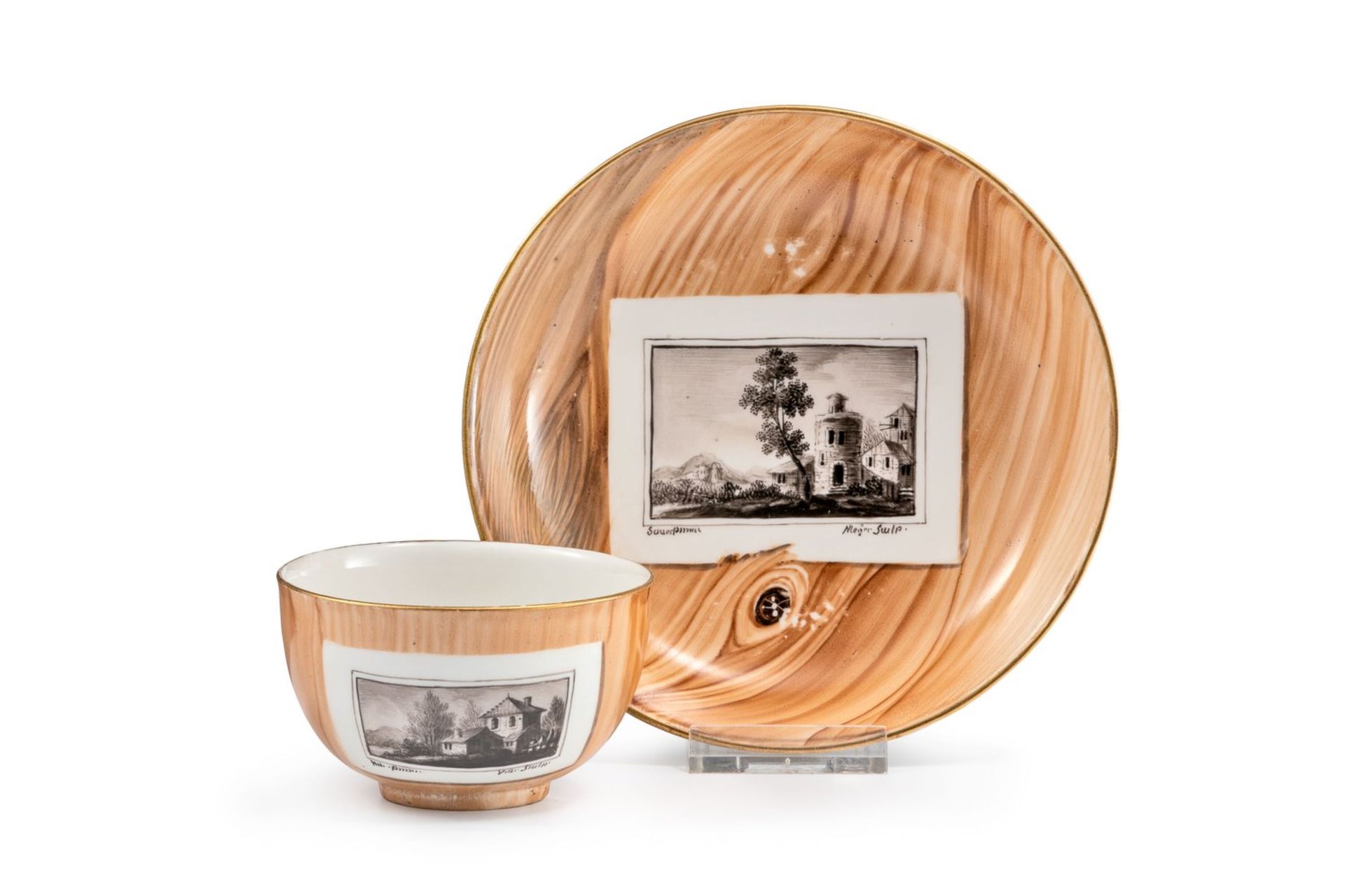 Tasse und Untertasse "faux bois" mit Trompe-l'oeil-MalereiFrankenthal, um 1784/85Fon